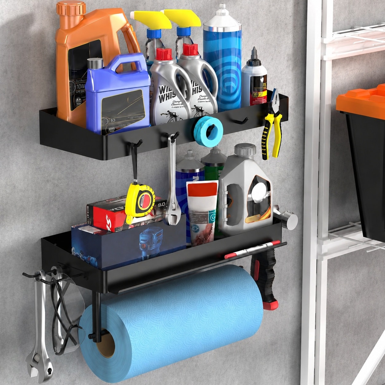 Yichuhaoxi  Garage Paper Towel Holder Set with 2 Wall Mount Storage Shelves Hooks Metal Organizer for Workshop Supplies Tools Easy Install Black