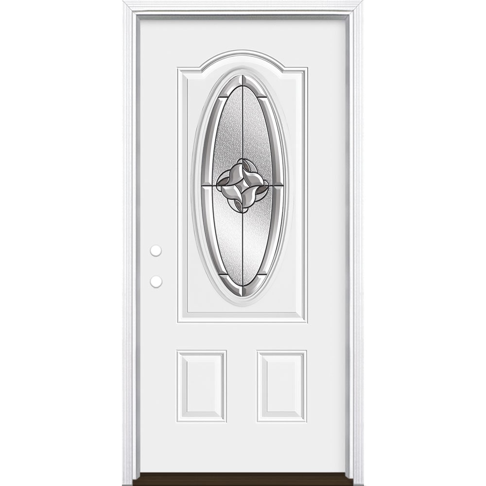 Masonite Rozet 36-in x 80-in Steel Oval Lite Right-Hand Inswing Primed  Prehung Single Front Door with Brickmould Insulating Core in the Front Doors  department at