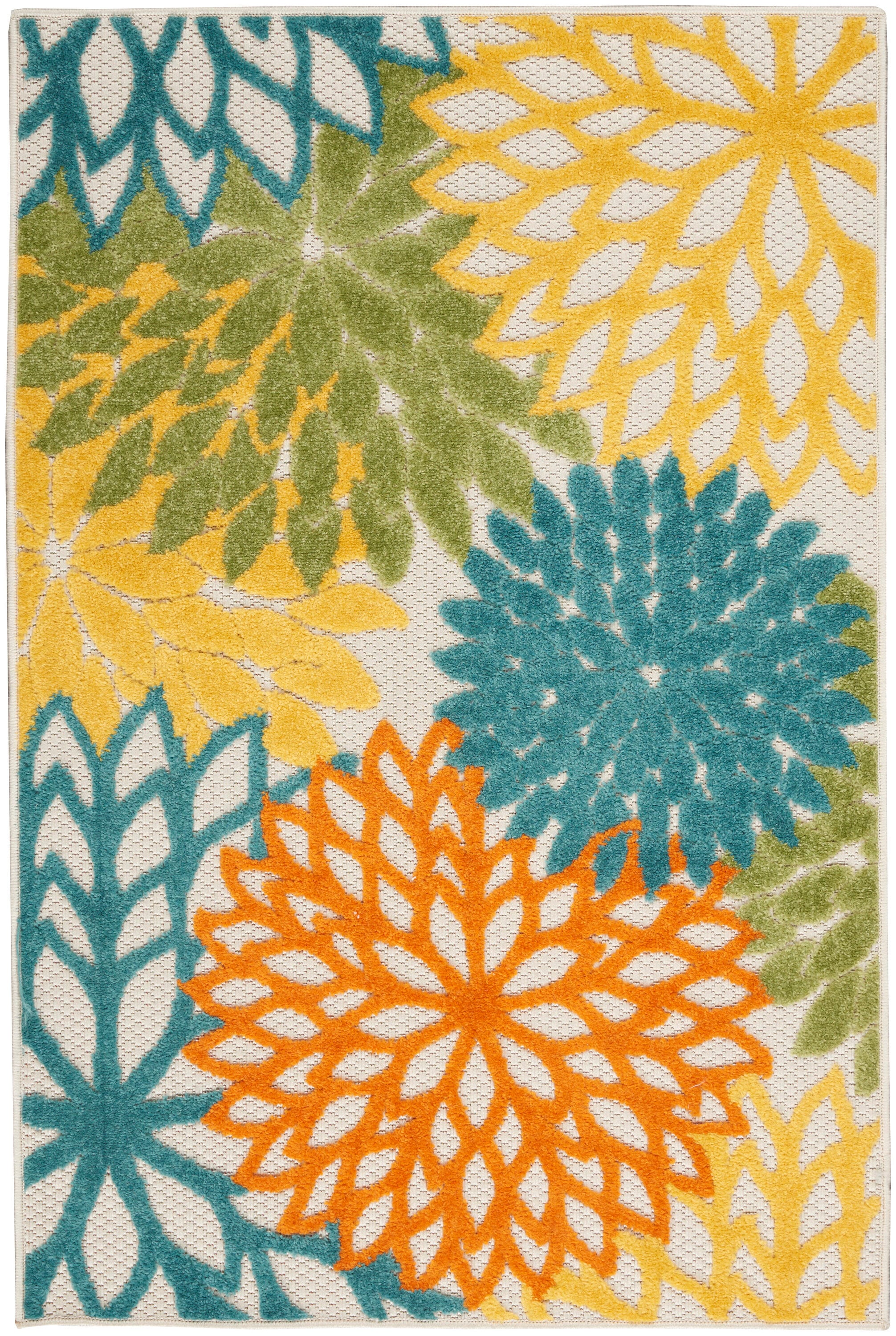 Tropical Aloha Bloom Turquoise Multicolor Floral Outdoor Rug