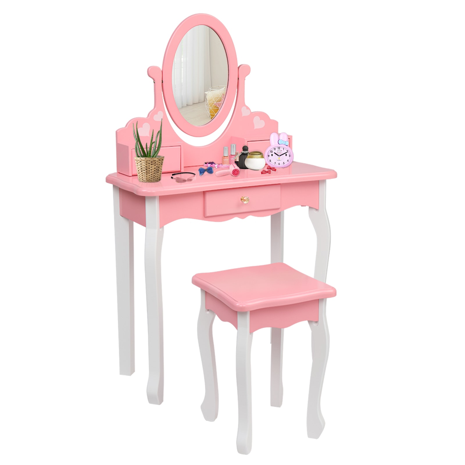 JOYMOR - 11.5D x 23.5W x 38.5H Kids Vanity Set with 3 Drawers and Real Rotating Mirror/2 in 1 Pri...