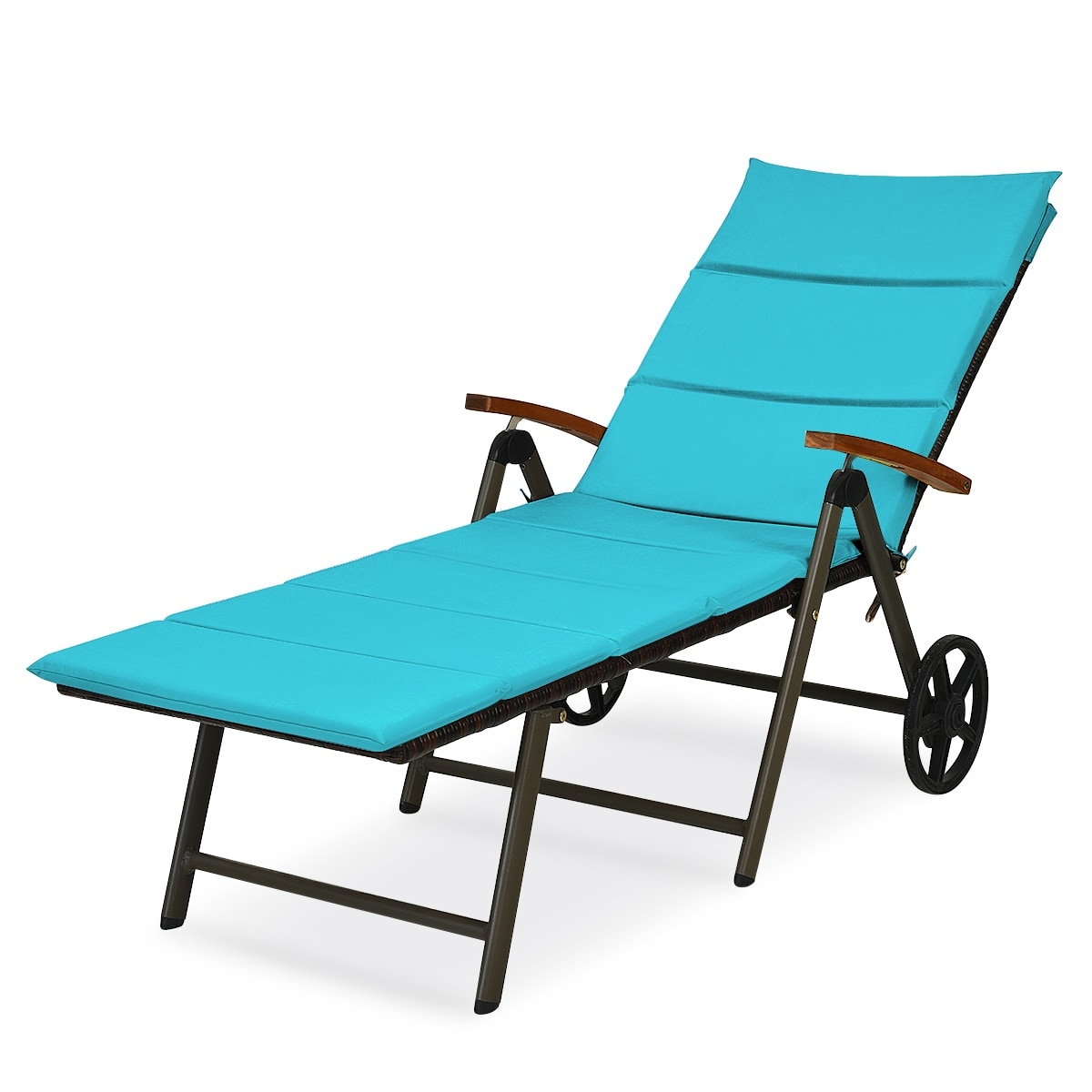 WELLFOR OUJ63221TU CW Lounge Chair Rattan Black Aluminum Frame Stationary Chaise Lounge Chair with Blue Cushioned Seat