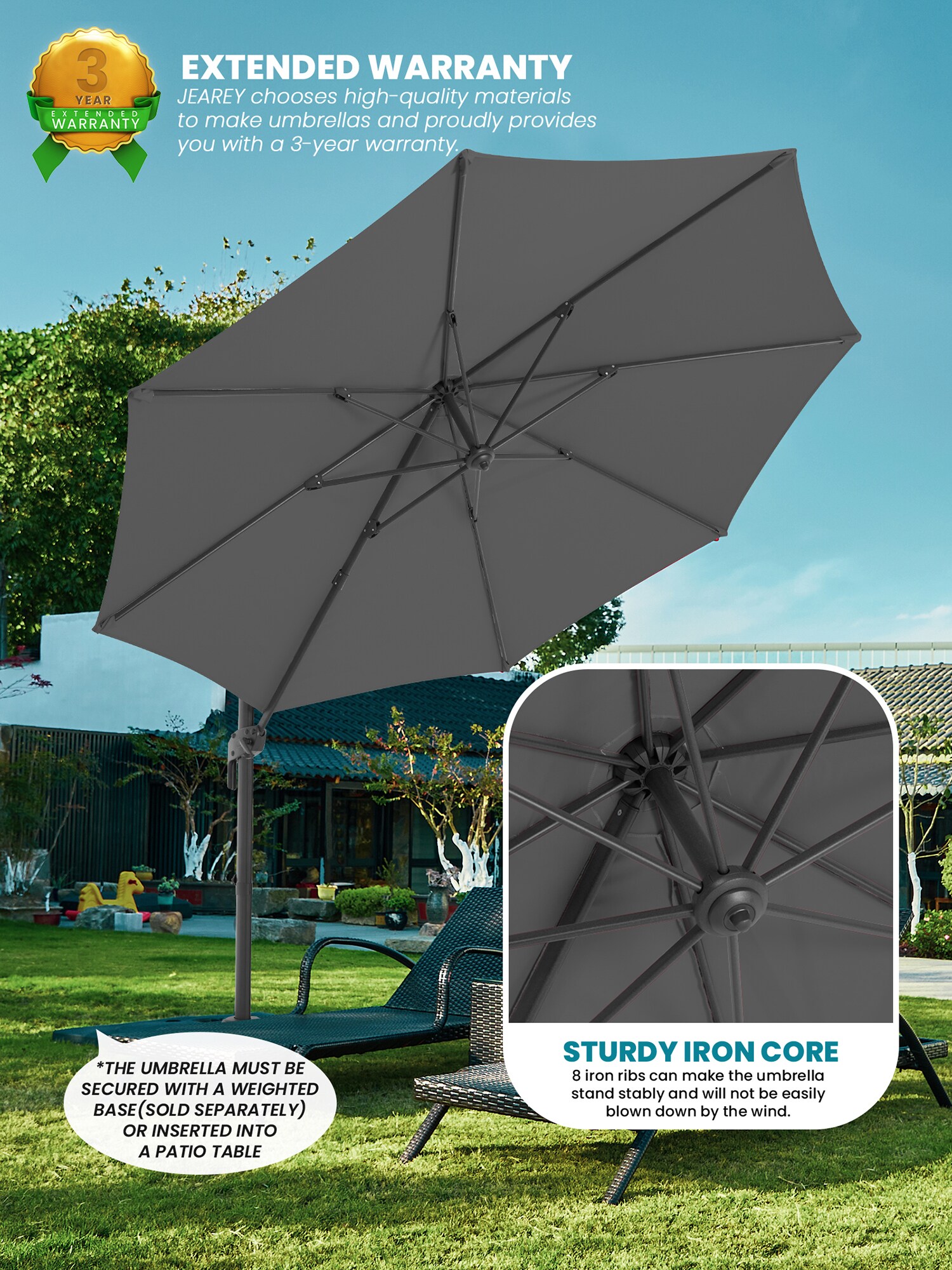 JEAREY 9 Ft Gray Round Offset Patio Umbrella With Detachable Rib - 360 ...