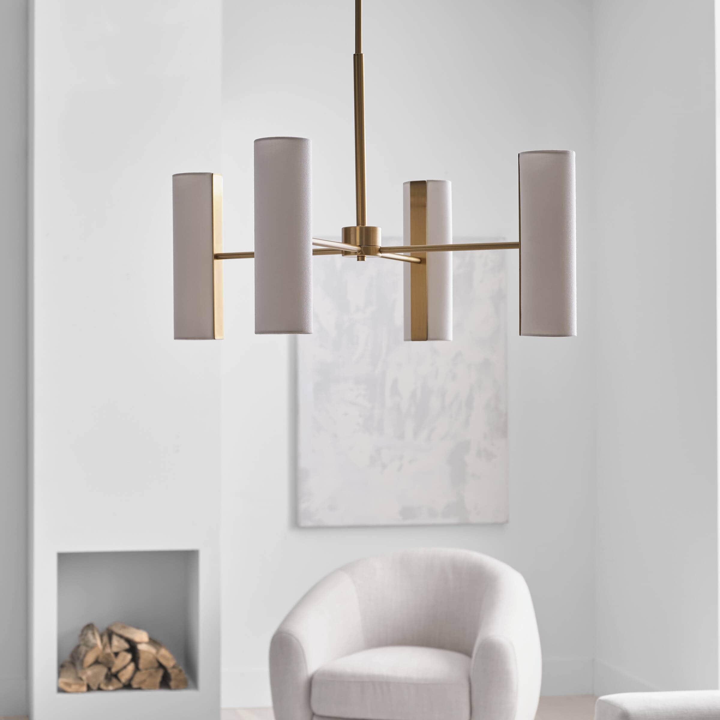 Satin Brass 8-Light Chandelier with White Linen Shades