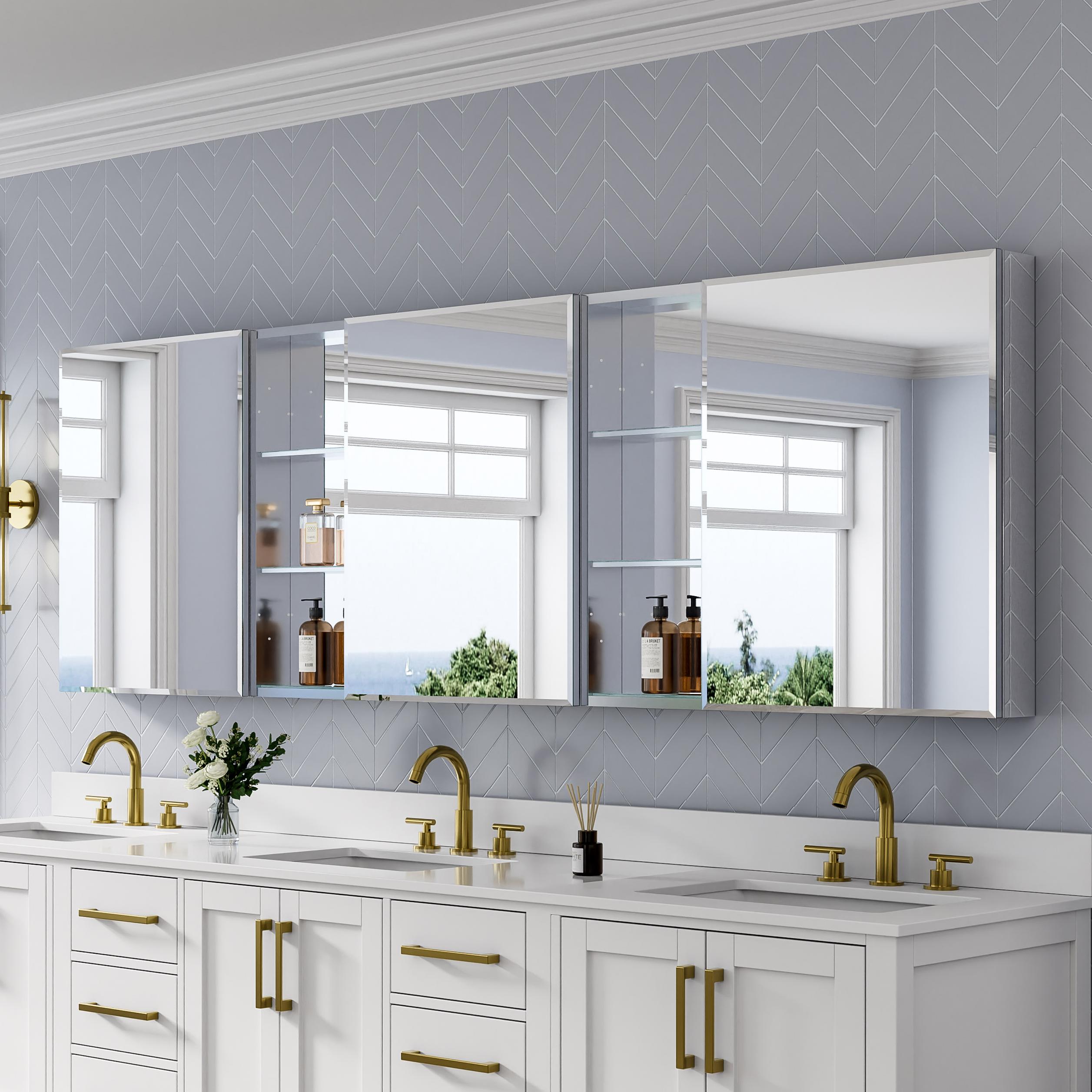 Forclover Reversible Beveled Mirror Cabinet 96-in x 30-in Surface/Recessed Mount Silver Mirrored Rectangle Soft Close Medicine Cabinet