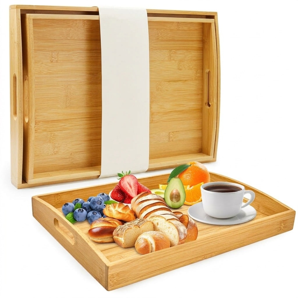 Afoxsos  Bamboo Serving Tray Set of 2 Natural Wood Trays with Handles 17 x 13 in and 16 x 12 in Stackable for Kitchen Coffee Table Living Room