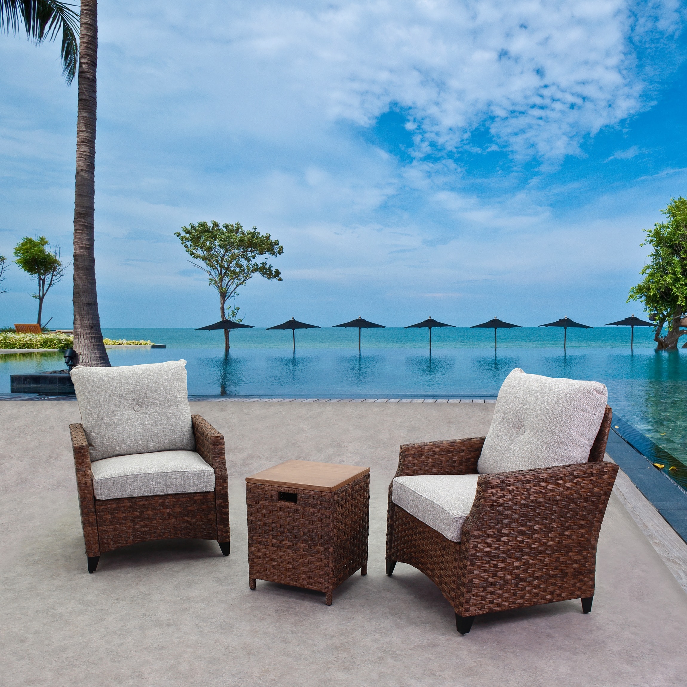 Courtyard Casual 5237 Costa mesa 3 -Piece Rattan Patio Conversation Set with Beige Cushions