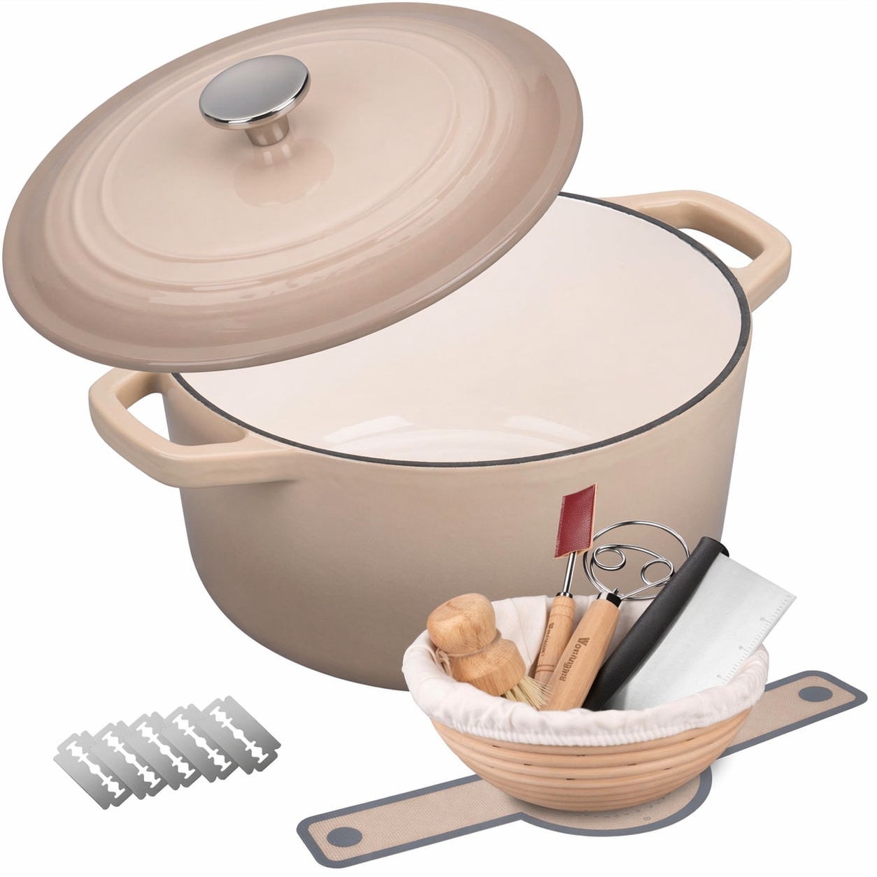 Anqtovp Enameled Cast Iron Dutch Oven Pot with Lid 4 5QT Latte Round Bread Oven Set for Baking Sourdough Includes Proofing Basket and Baking #LAN0617N055