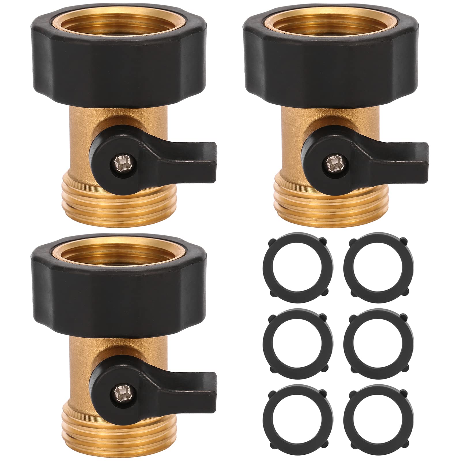 Oyezvary  3 pack Brass Garden Hose Shut Off Valve Fits Standard 3 Quarter Inch Hose Connector Heavy Duty One Way Water Flow Control Large Handle