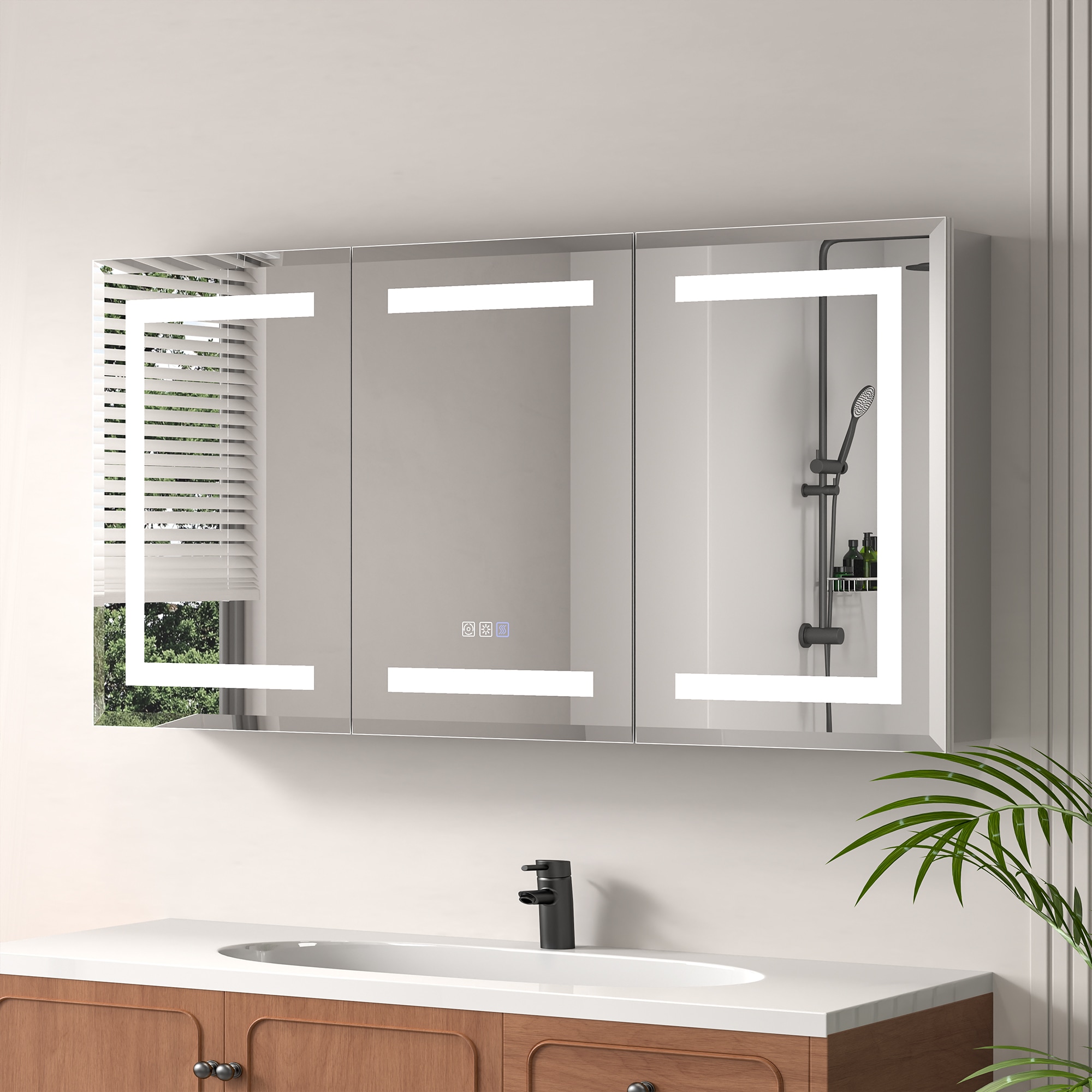 ExBrite EXMC4824V16TX Prisma 48-in x 24-in Lighted LED Fog Free Surface/Recessed Mount Silver Mirrored Rectangle Soft Close Medicine Cabinet