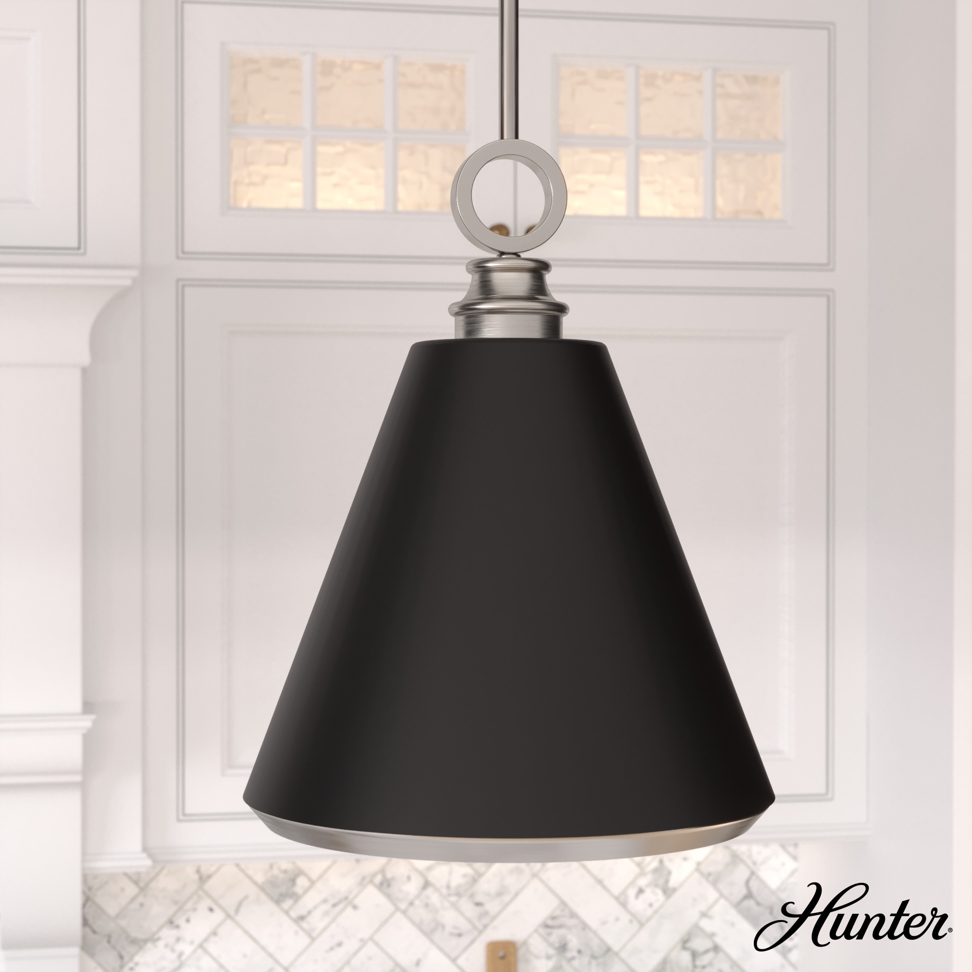 Hunter 19445 Klein 1 -Light Brushed Nickel Transitional Cone Medium Hanging Kitchen island light