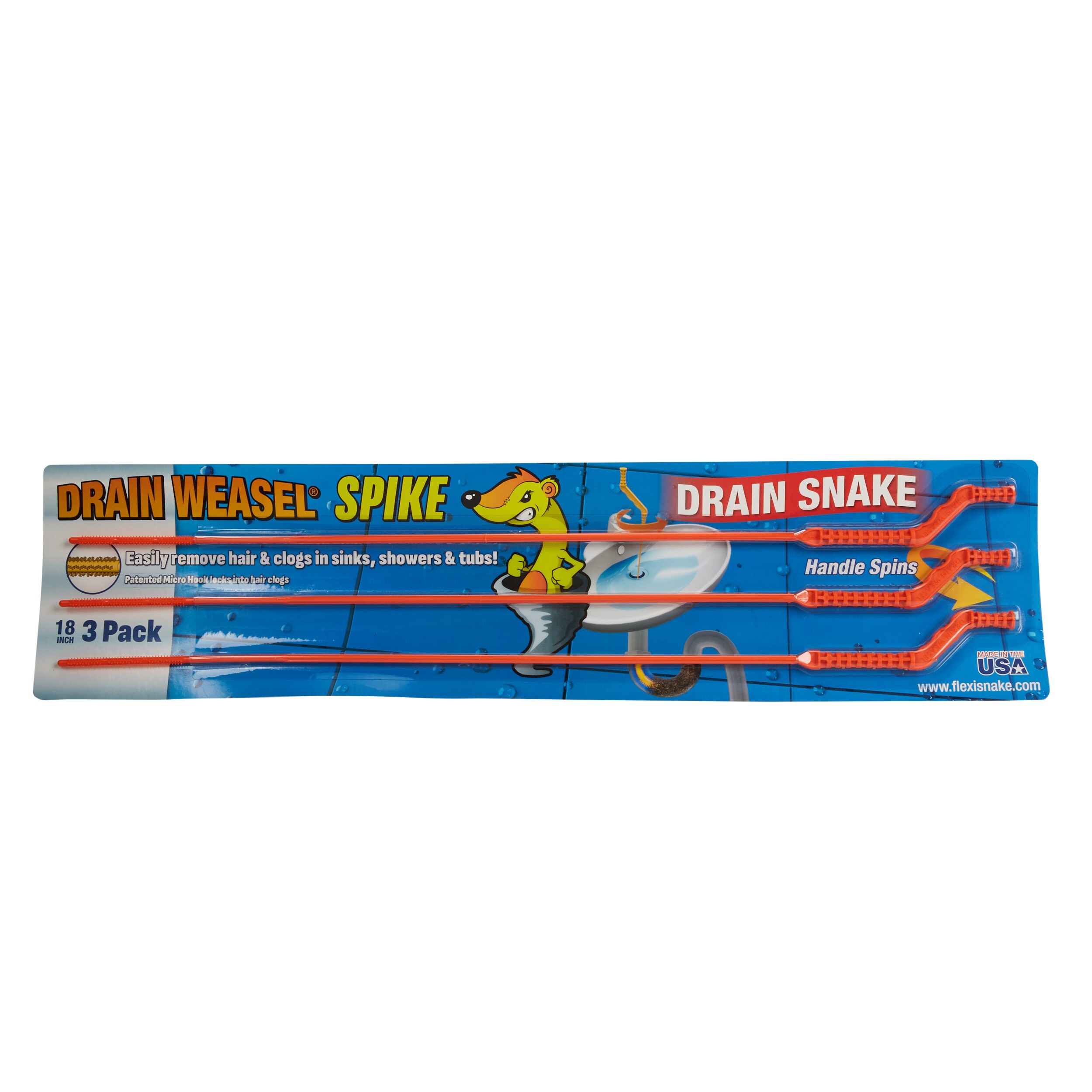 3pk FlexiSnake Drain Weasel Spike Sink Snake Cleaner Hair Clog Tool Made in  USA
