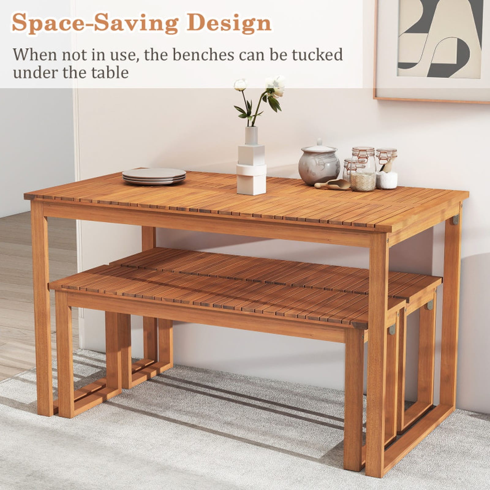SUGIFT 3-Piece Acacia Wood Picnic Table Set Outdoor Dining Table with 2 ...