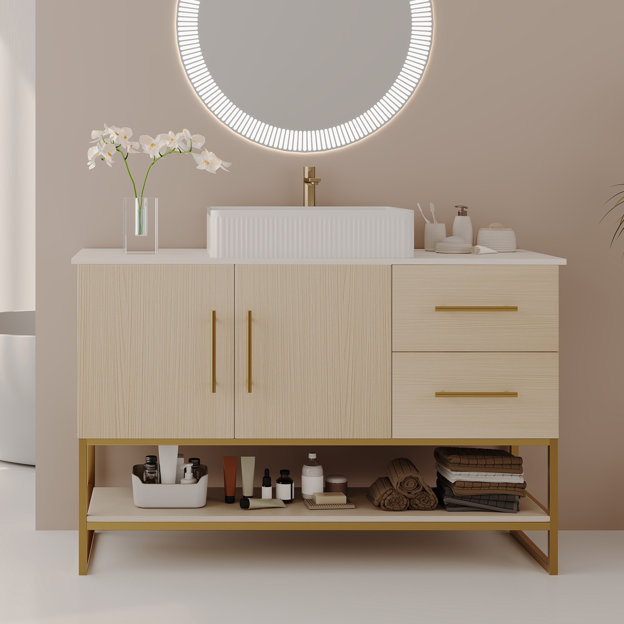 JUSHUA 36 inch White Oak Gold and White Modern Freestanding Bathroom Vanity with Ceramic Vessel Sink 2 Drawers Cabinet Shelf and Drain Assembly