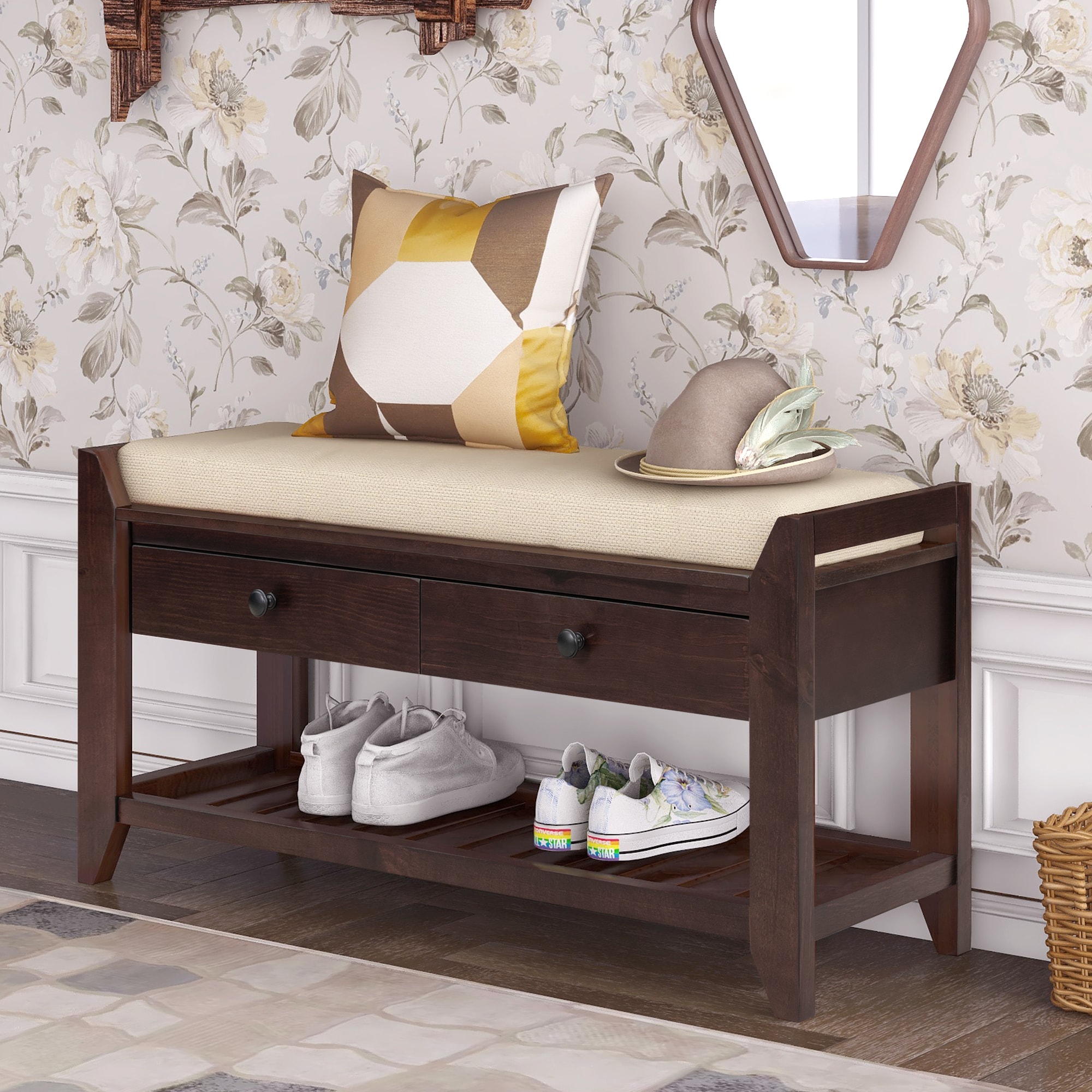 ModernLuxe WF195386AAP Shoe Rack with Cushioned Seat and Drawers Multipurpose Entryway Storage Bench Espresso