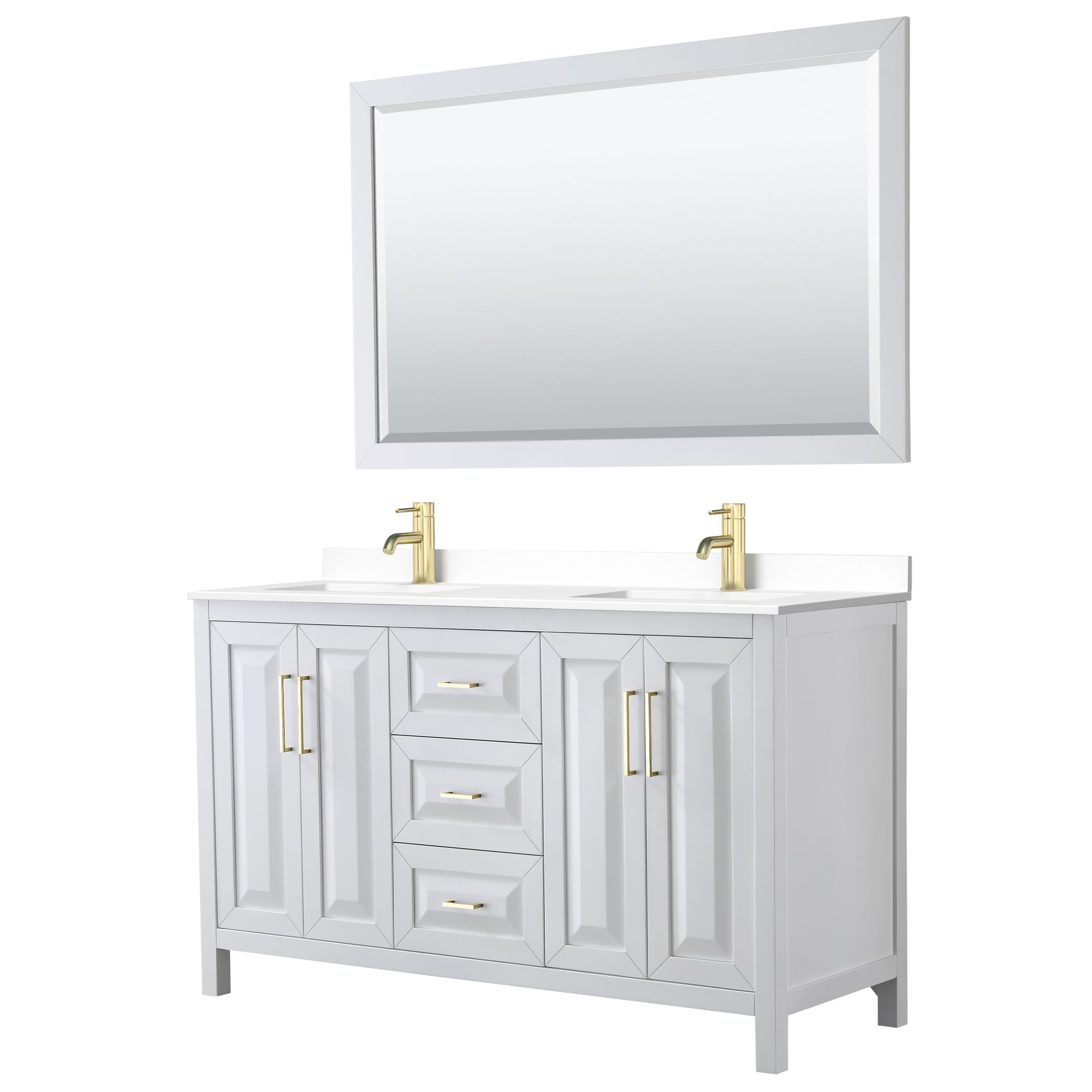 Wyndham Collection WCV252560DWGWCUNSM58 Daria 60-in White with Brushed Gold Trim Undermount Double sink Bathroom Vanity with White Cultured Marble Cultured marble Top (Mirror Included)
