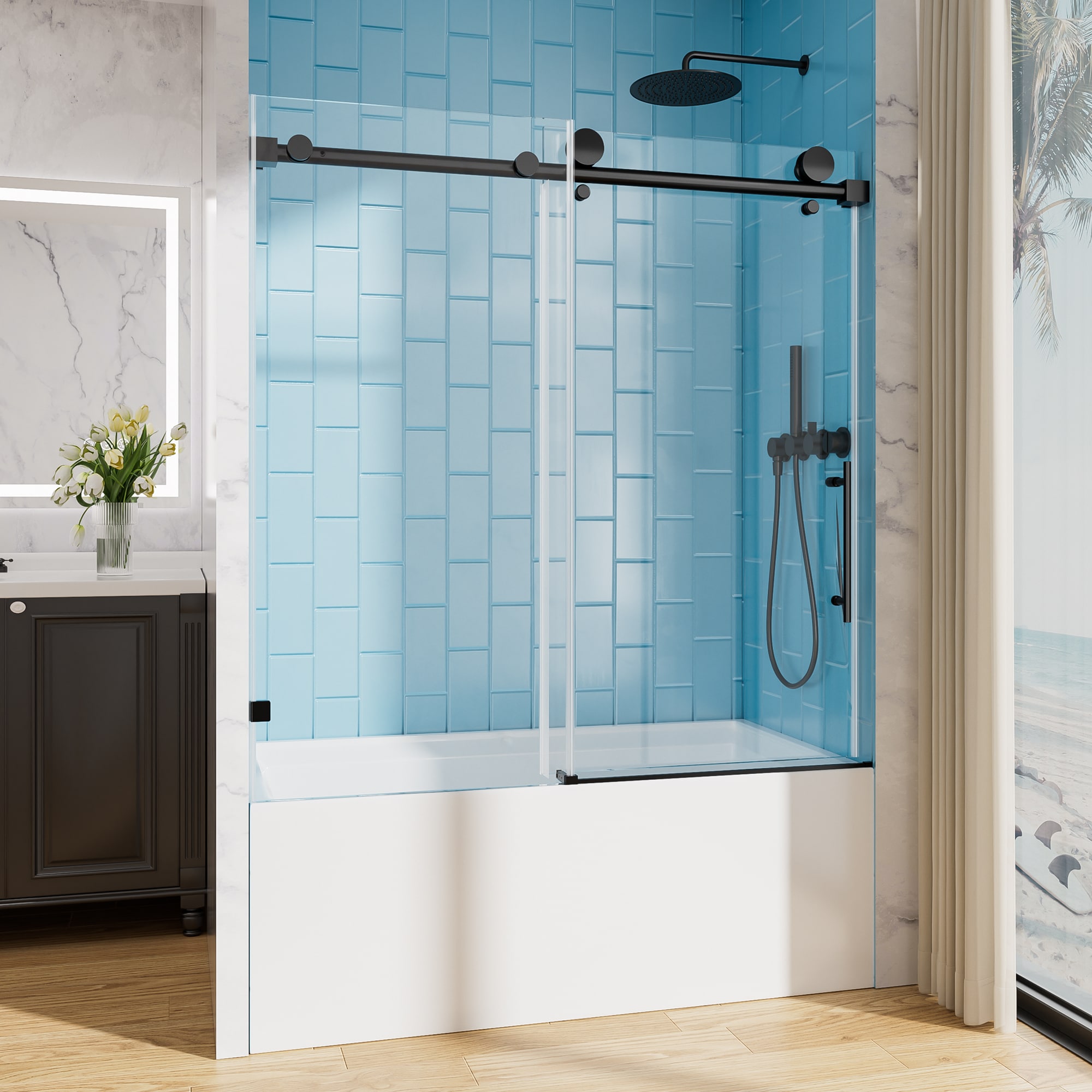 TcwVwc  Matte Black 56 to 60 in X 60 in Fully Frameless with 5/16 in Clear Tempered Glass and Stainless Steel Hardware Single Sliding Bathtub Door