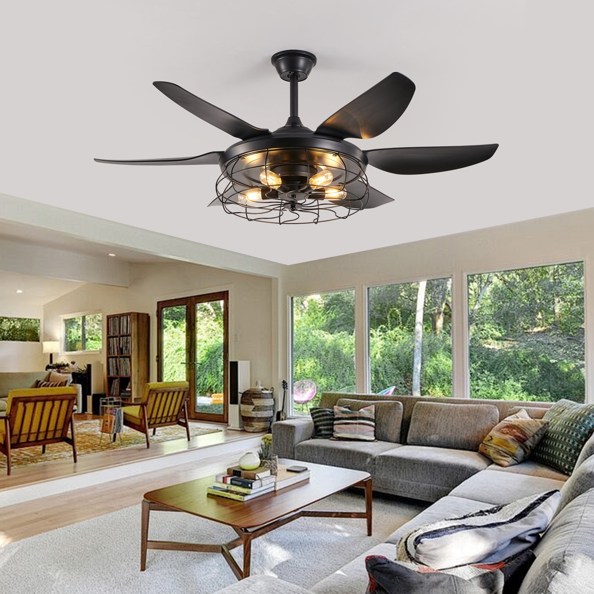 Tatayosi RY-2P374993 52 inches Modern Black Ceiling Fan with Light 6 Fan Blades and Industrial Cage Design Adjustable Speed for Living Room Bedroom Dining Room (Silent/6-Speed/Reversible/DC Motor) (Bulb Not Included)