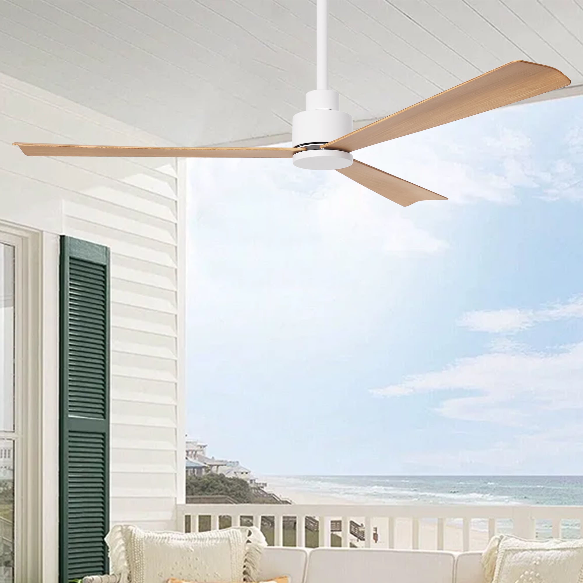 Parrot Uncle F6364WH110V 52-in Integrated LED Outdoor Matte White with Natural Blades Propeller Ceiling Fan Without Light - Remote Included ( 3 -Blade )