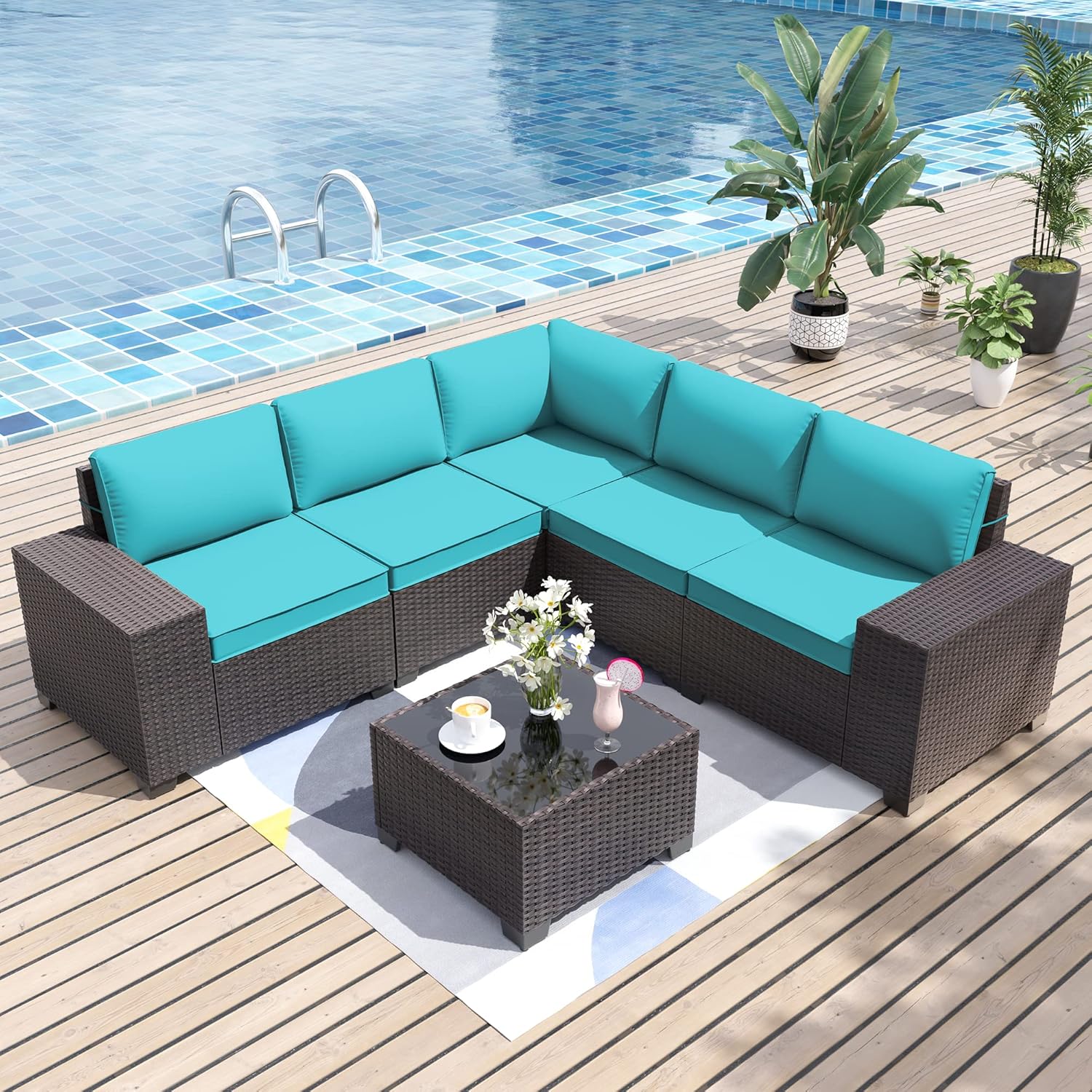 ALAULM LS-6PCS-BLUE 6 -Piece Wicker Patio Sofa Conversation Set with Blue Cushions