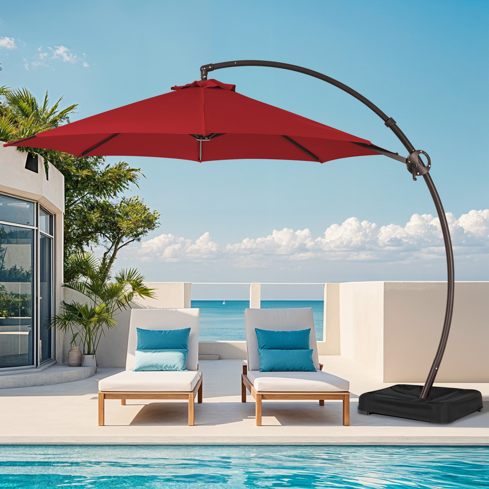 VOUA 10X10-LK-BE+DZ 11-Feet Aluminum Red Crank Cantilever Patio Umbrella with Base