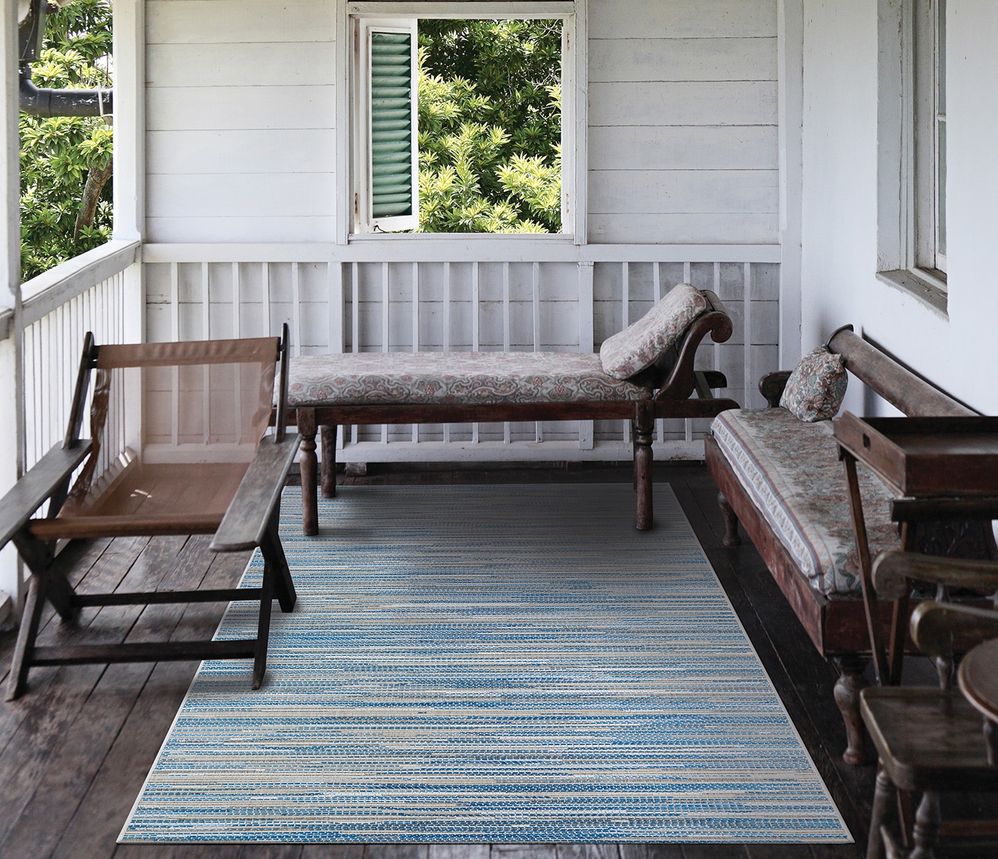 Couristan 23332406053076T Monte Carlo 5 x 7 (ft) Loomed Polypropylene Ocean Blue-Champagne Beige Rectangular Indoor/Outdoor Stripe Area rug