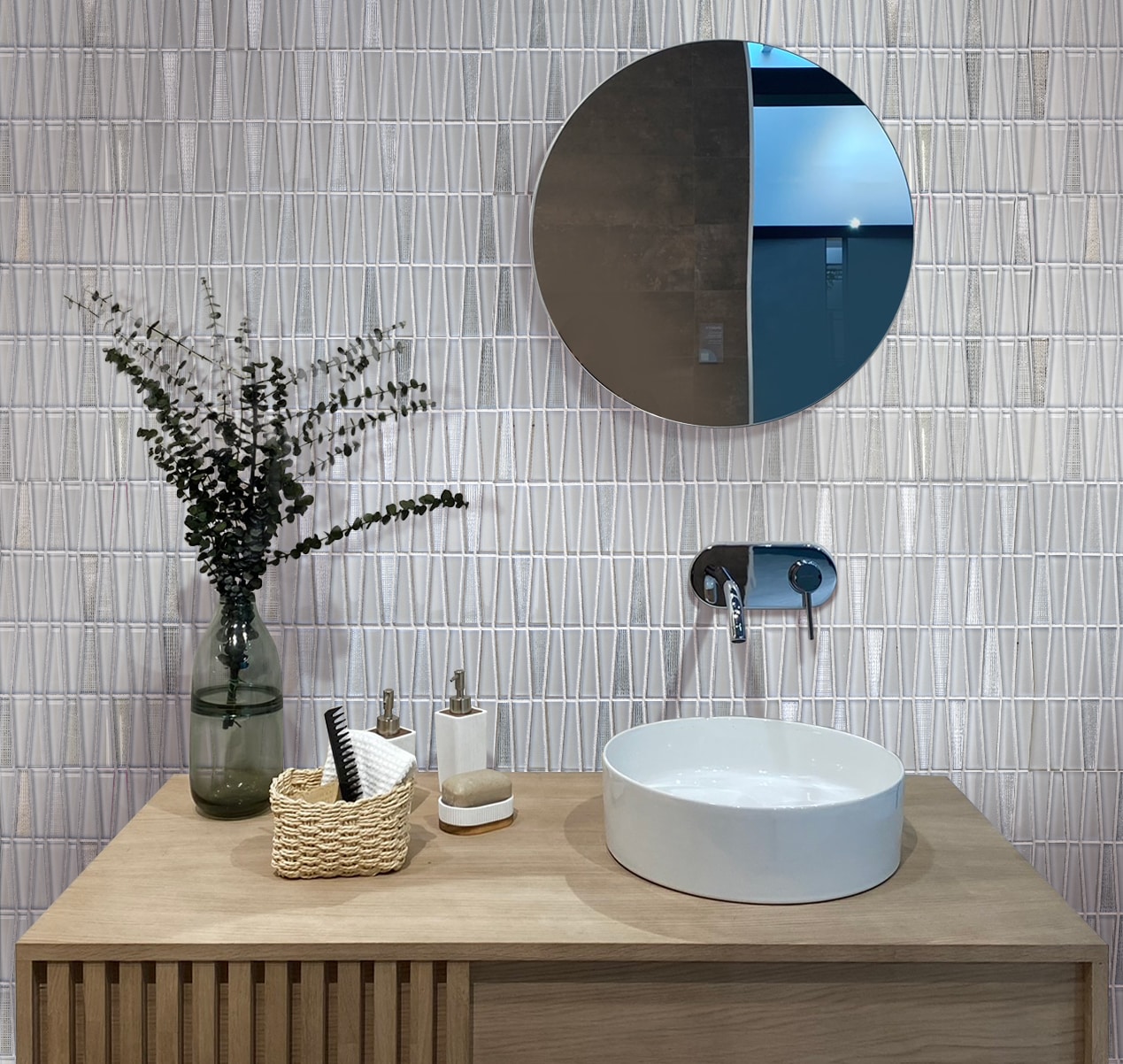 Silver and White Geometric Glass Mosaic Wall Tile