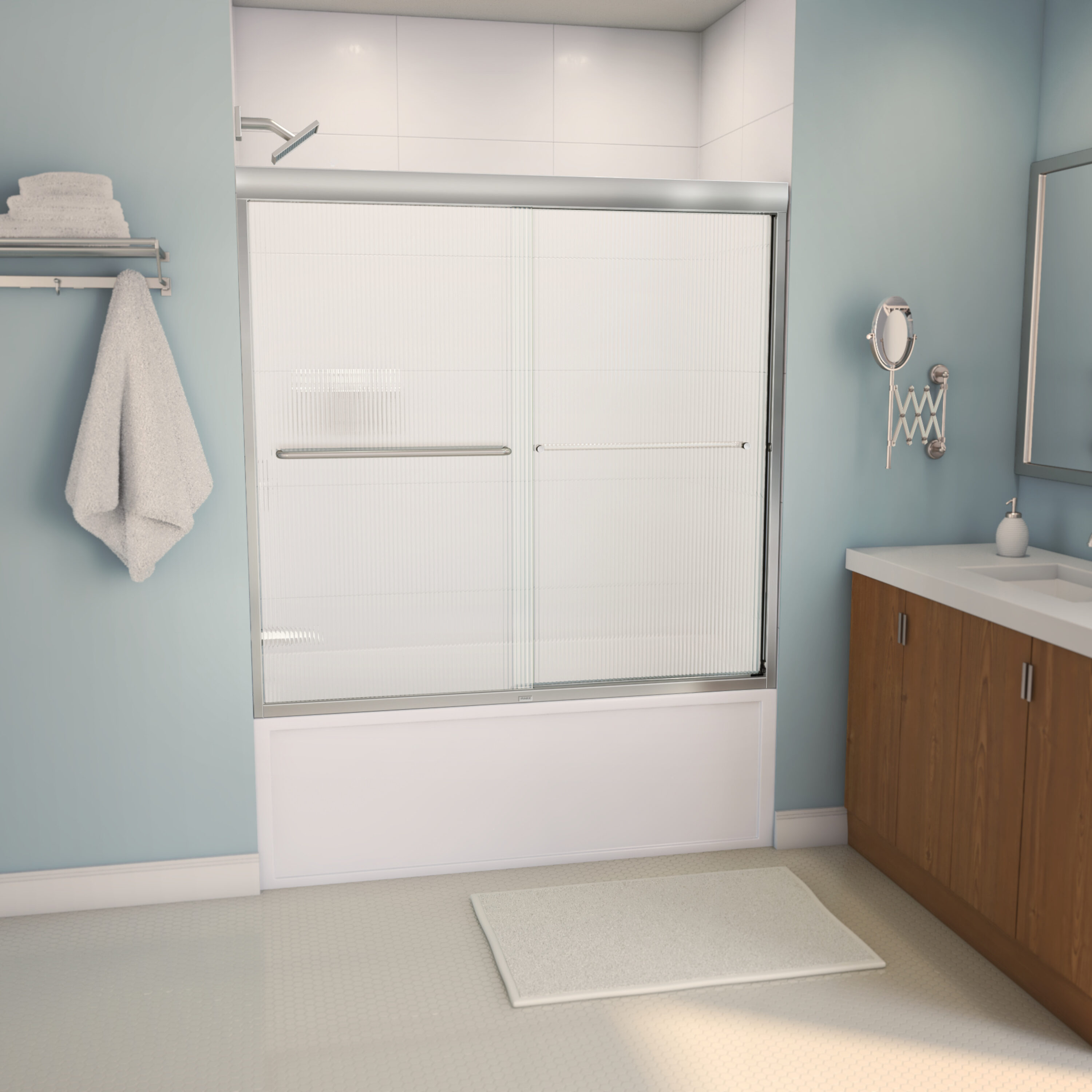 MAAX 135661-927-305-000 Aura Brushed Nickel 55-in to 59-in W x 57-in H Semi-Frameless Bypass Sliding Bathtub Door