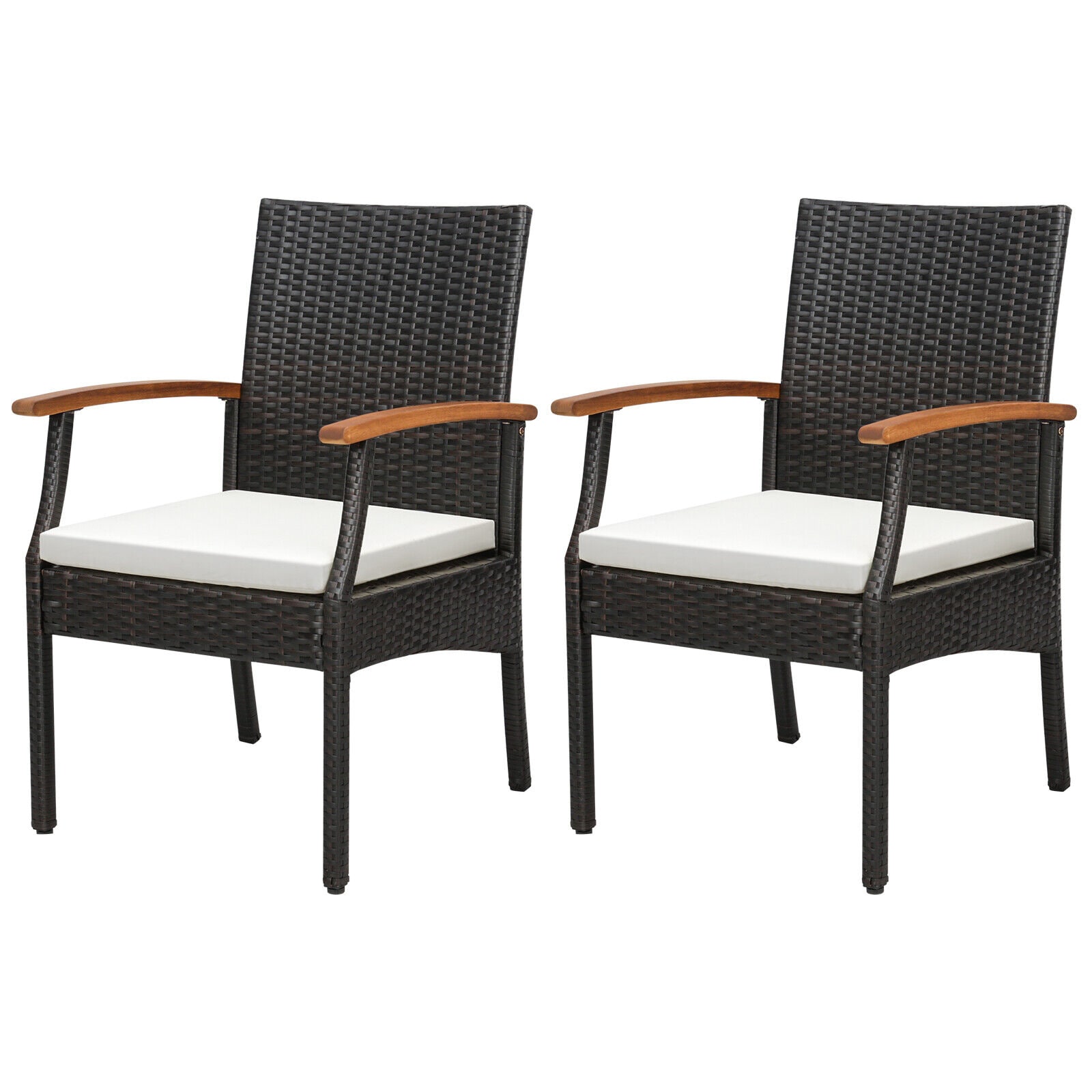 Forclover HBV-HW577 Patio Dining Chairs Set of 2 Rattan Mix brown Rattan Frame Stationary Dining Chair with White Cushioned Seat