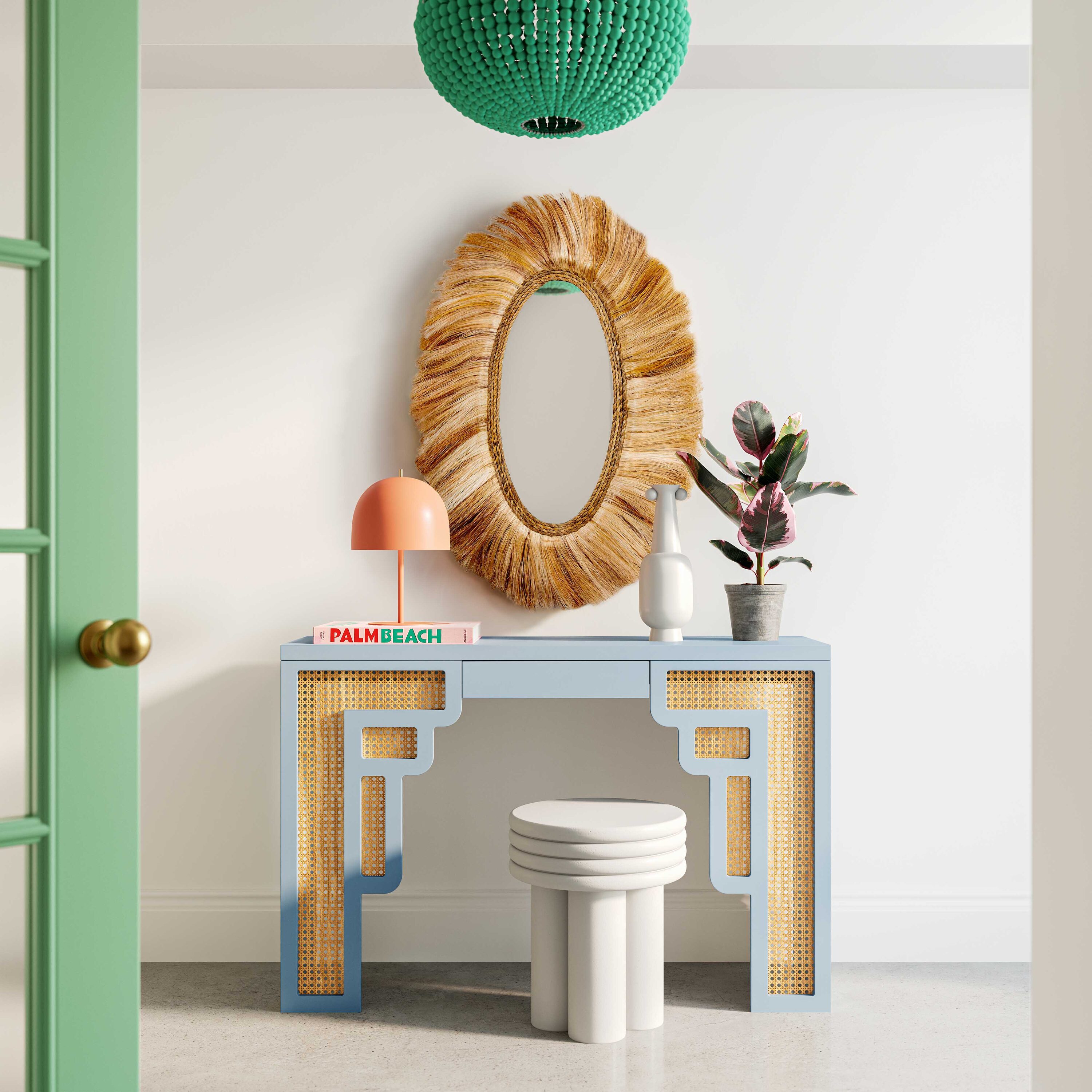 Pastel Blue and Rattan Rectangular Console Table