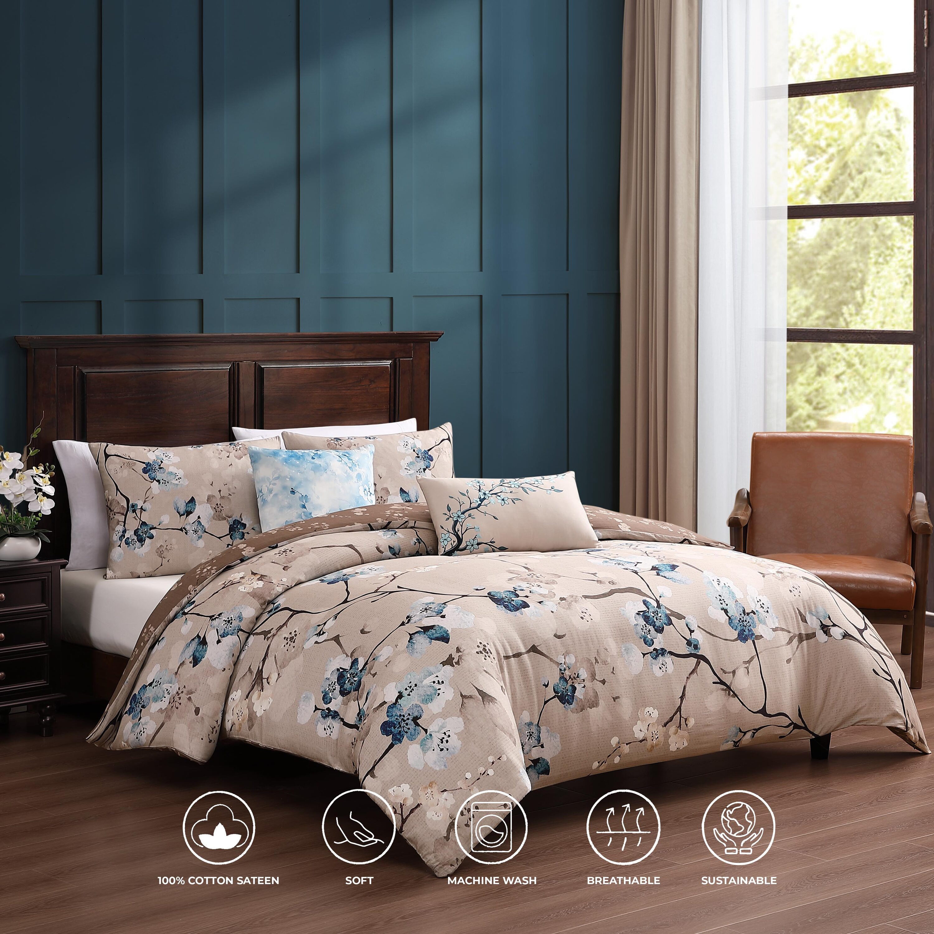 King Taupe Cotton Reversible Blossom Comforter Set