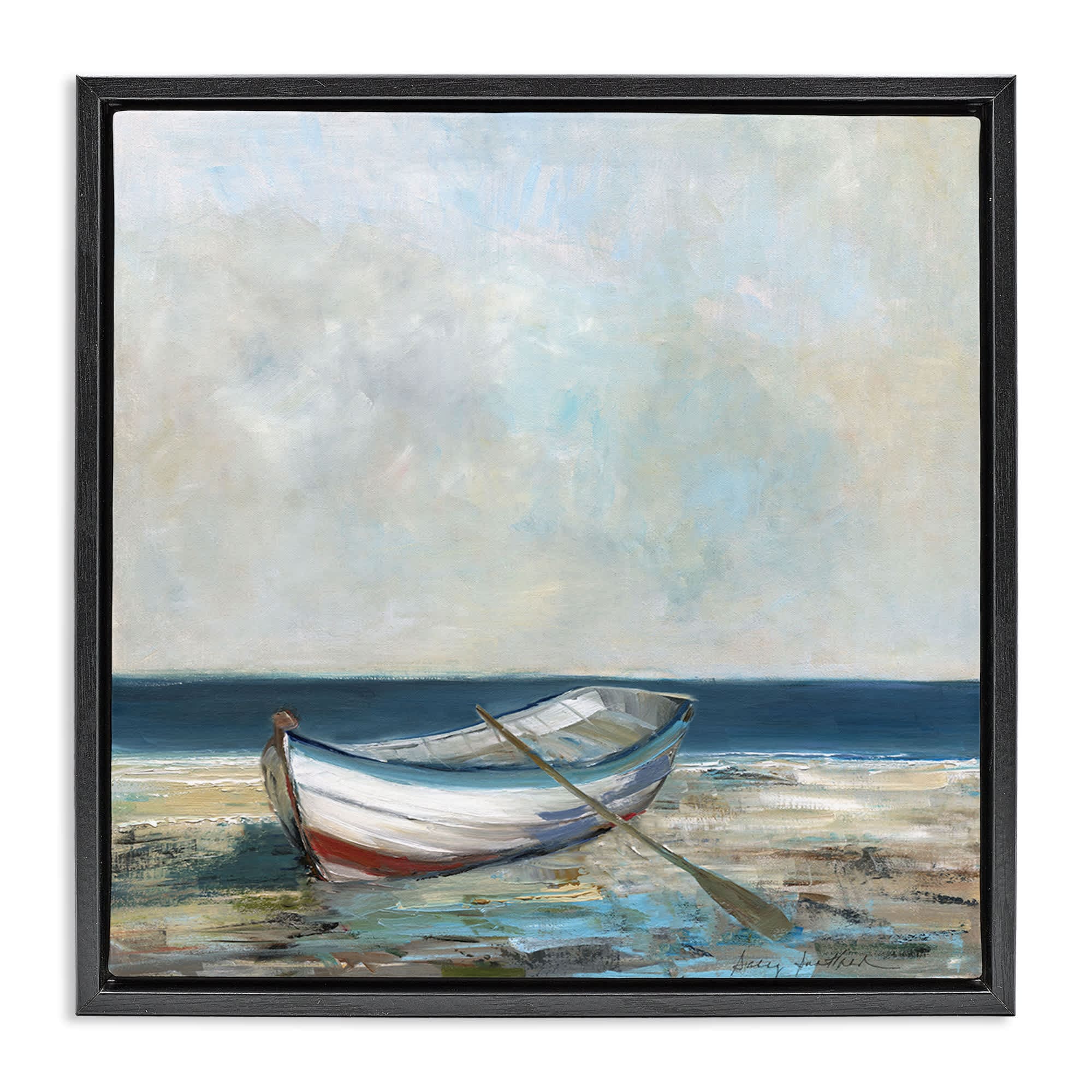 Stupell Industries BS-150-FFB-24X24 Boat and Oar on Shore Black Framed Floater Canvas Wall Art By Sally Swatland 25 x 25