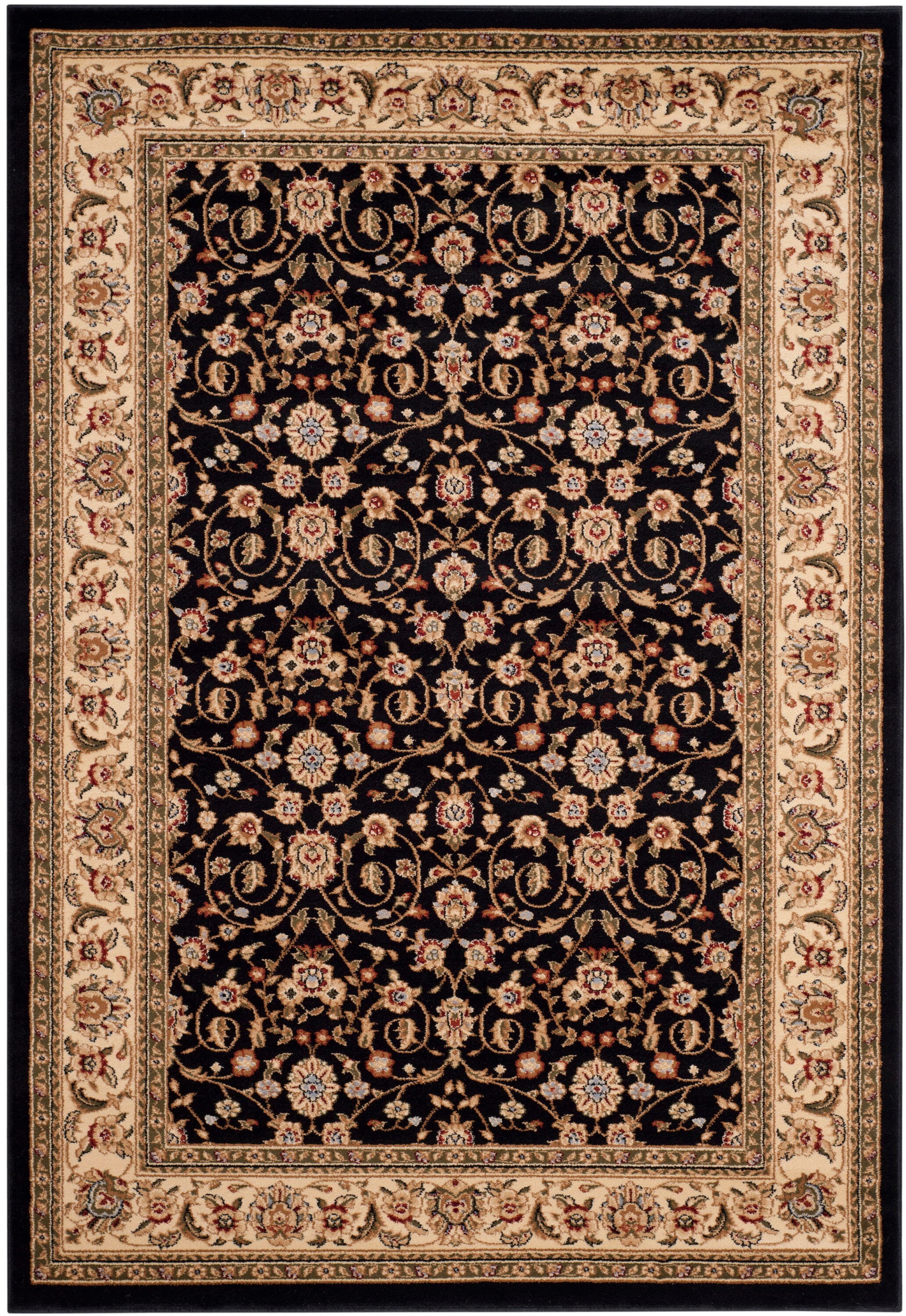 Black Floral Synthetic 4' x 6' Area Rug with Border Embellishment