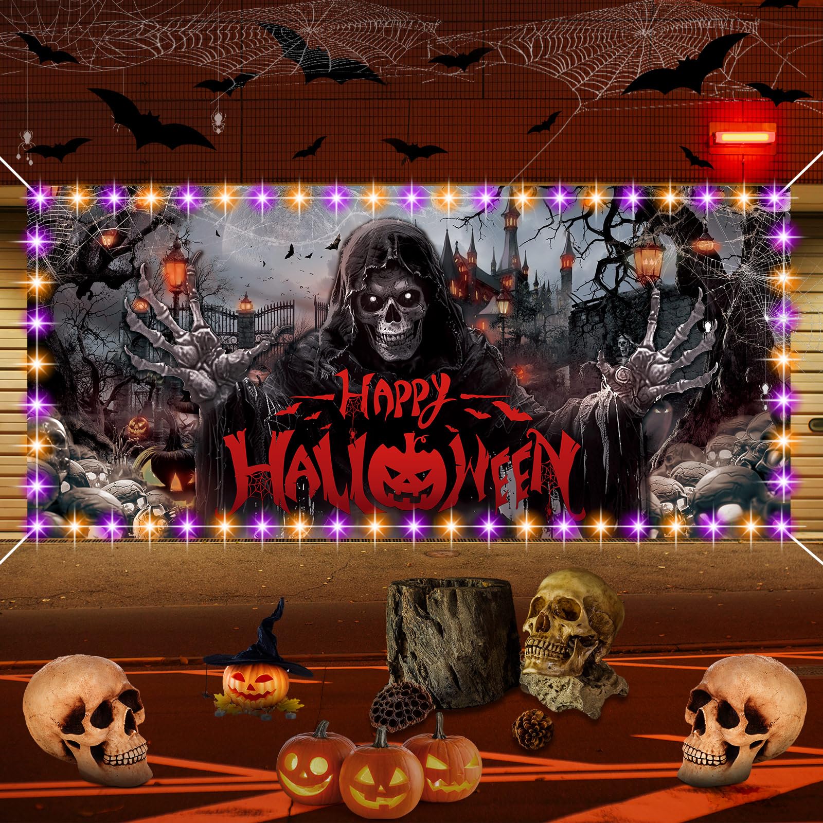 Oyezvary Halloween Garage Door Banner Cover with LED String Light power ...