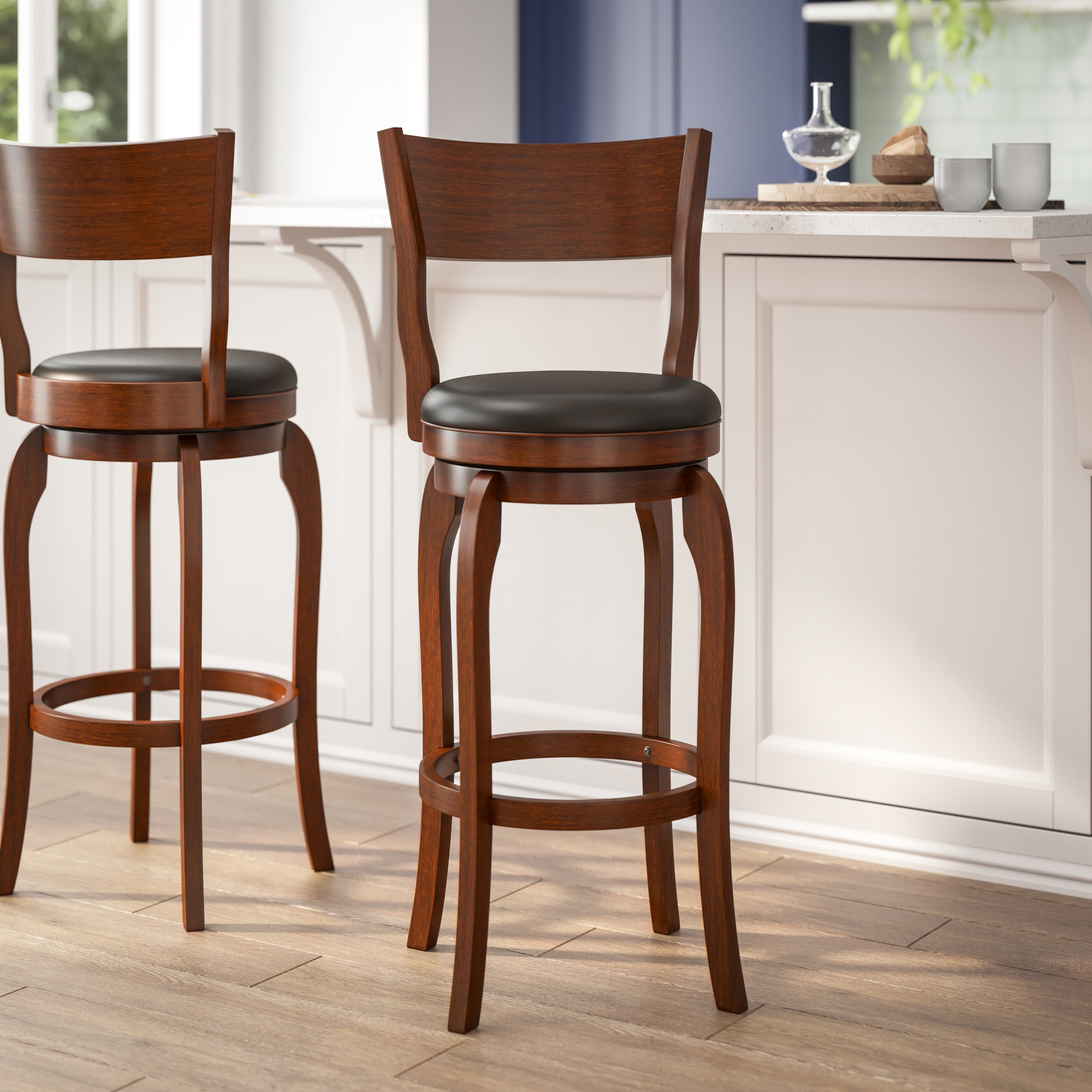 Flash Furniture 840196377032 Nichola Black Vinyl/Antique Oak Frame 30.0-in H Bar height Round seat Upholstered Swivel Wood Bar Stool and Back