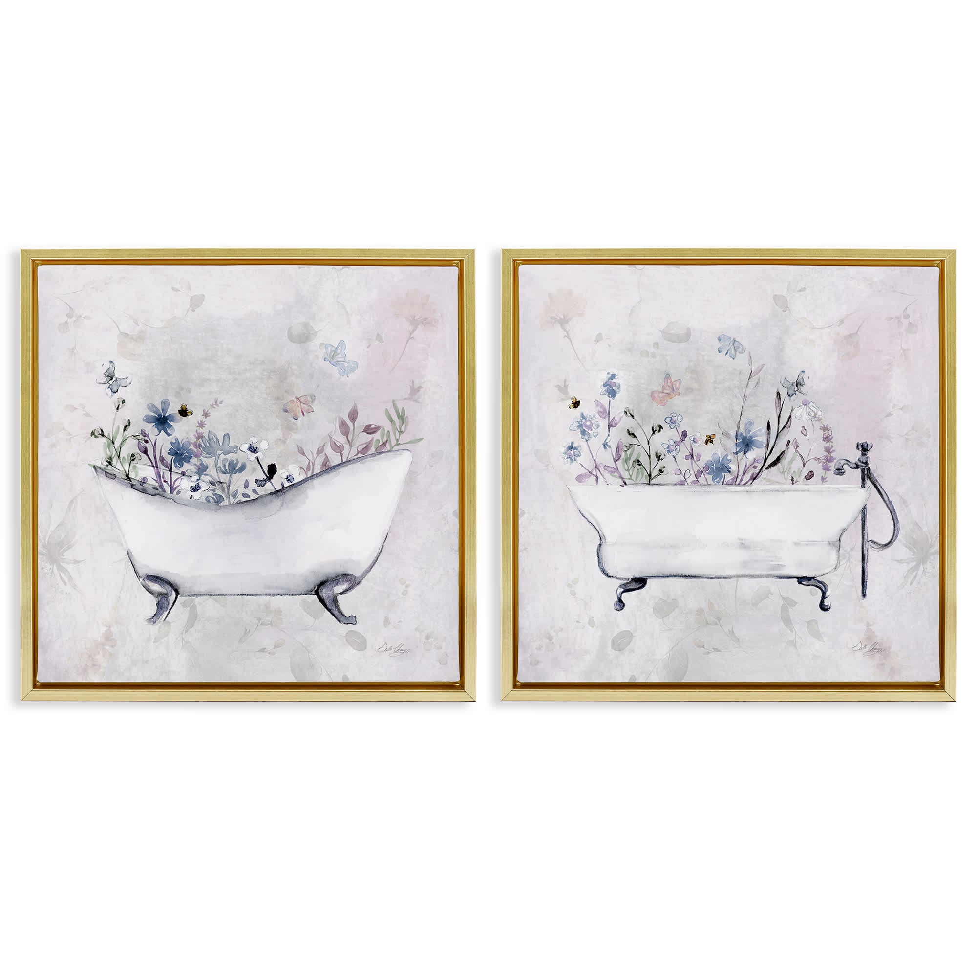 Stupell Industries B2-725-FFG-2PC-17X17 Antique Tubs with Botanics 2 Piece Gold Framed Floater Canvas Set By Stella Chang 18 x 18