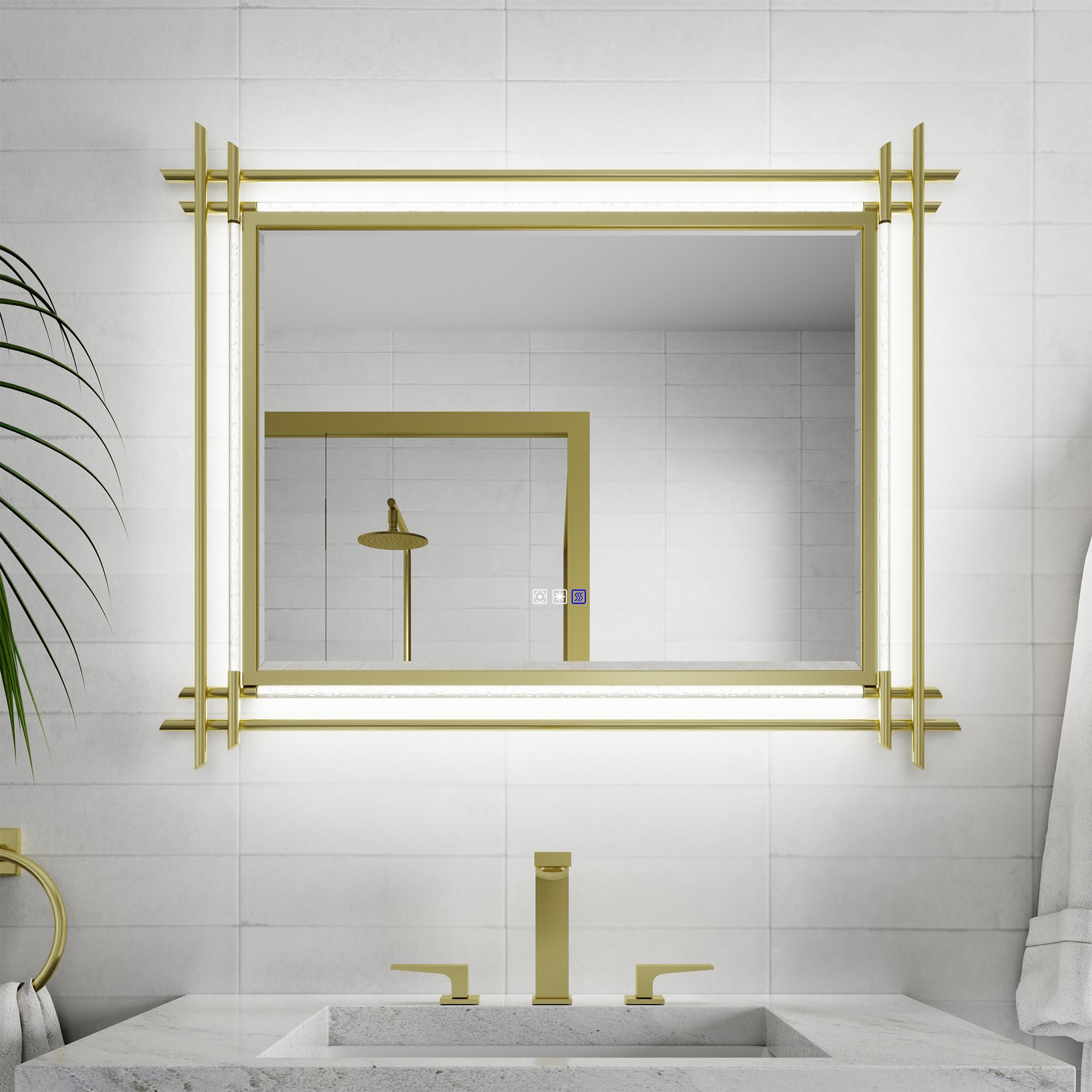 ExBrite EXBM4032V13GXX Lustra 40-in x 32-in Beveled Rectangle Dimmable LED Lighted Fog Free Bathroom Vanity Mirror ( Gold )