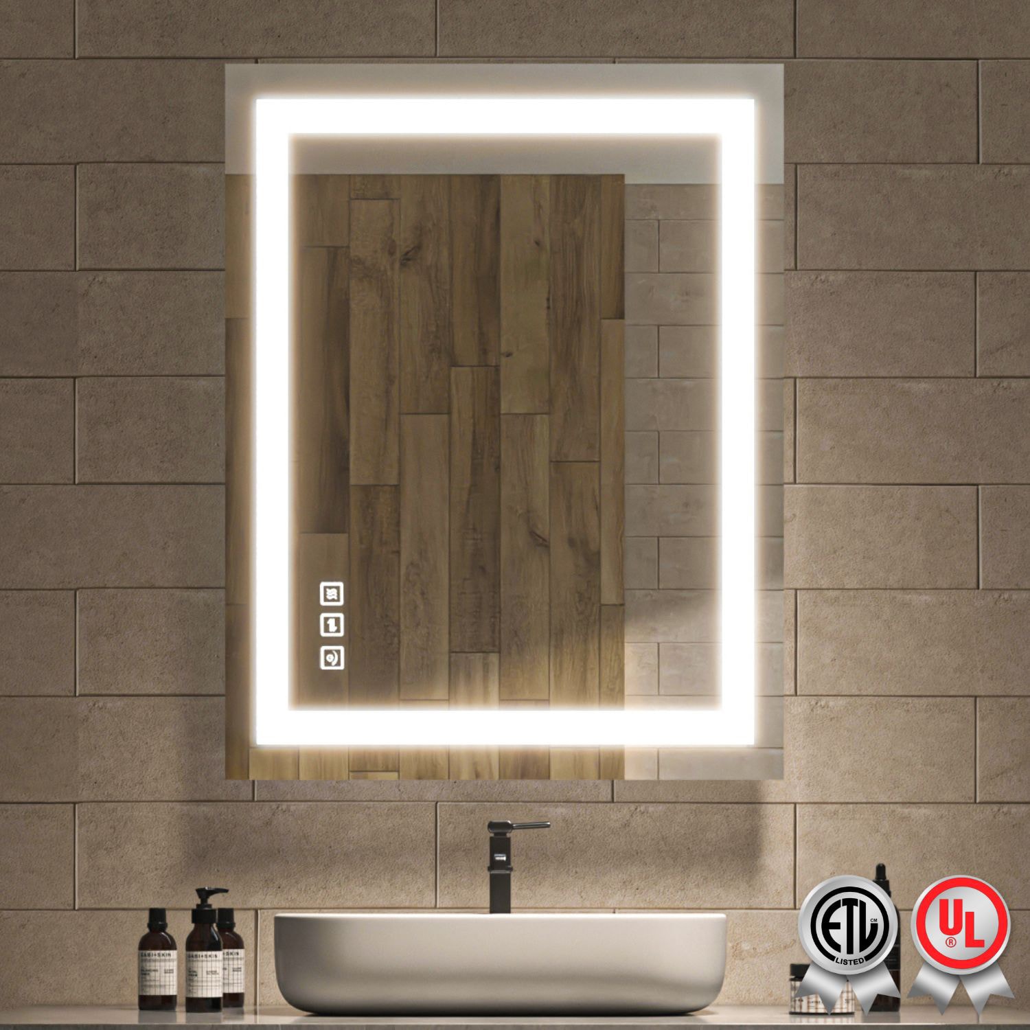 waterpar TKLO-19035 Frontlit 24-Inches x 32-Inches Polished Frameless Rectangle Dimmable Lighted Fog Free Bathroom Vanity Mirror ( Clear )
