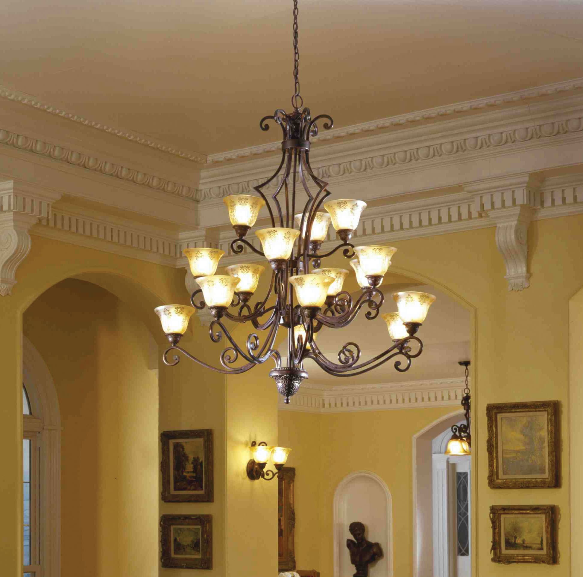 Oil Rubbed Bronze 15-Light 3-Tier Chandelier with Amber Glass Shades