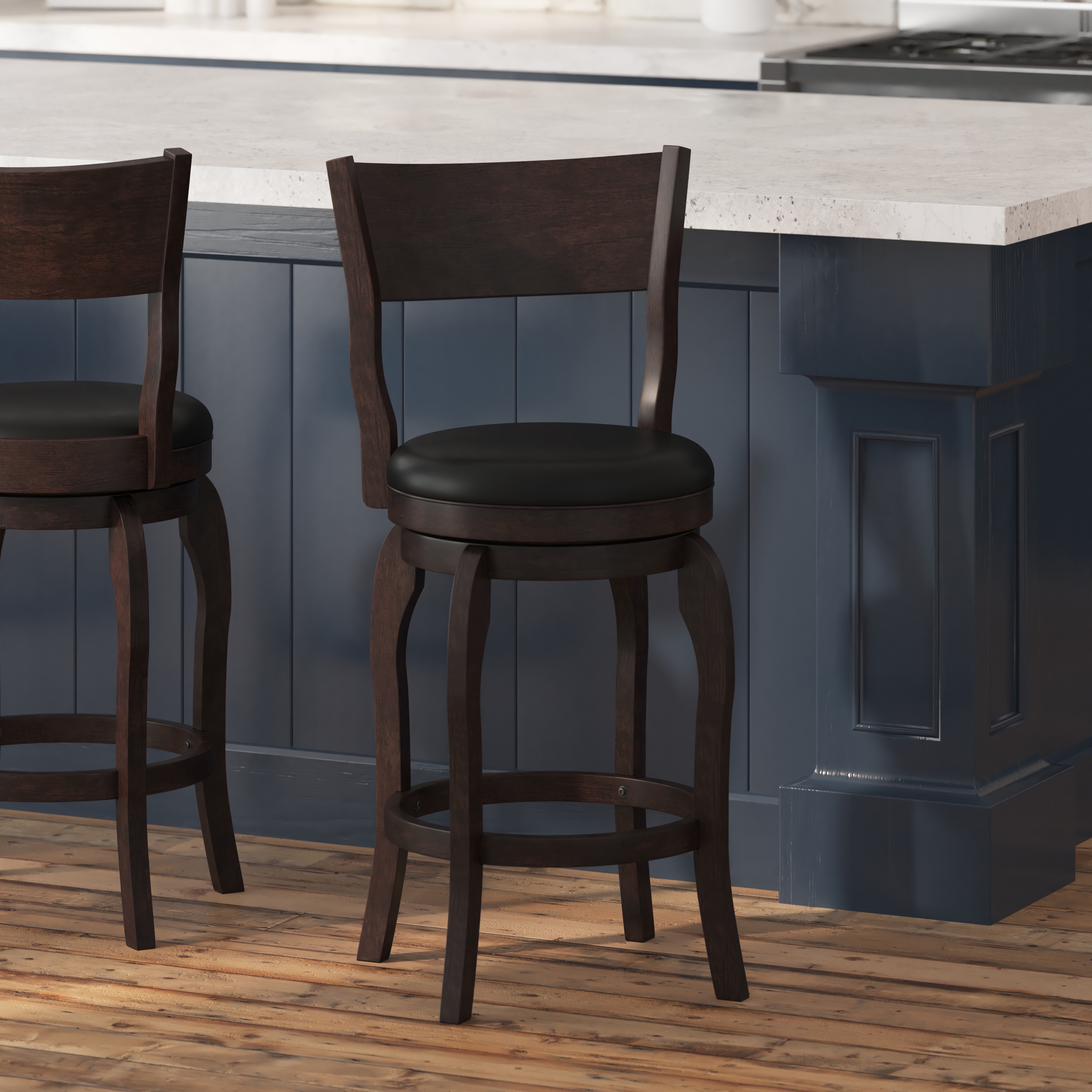 Taylor & Logan 196861088865 Enola Black Vinyl/Espresso Frame 25.0-Inches H Counter height Round seat Upholstered Swivel Wood Bar Stool and Back