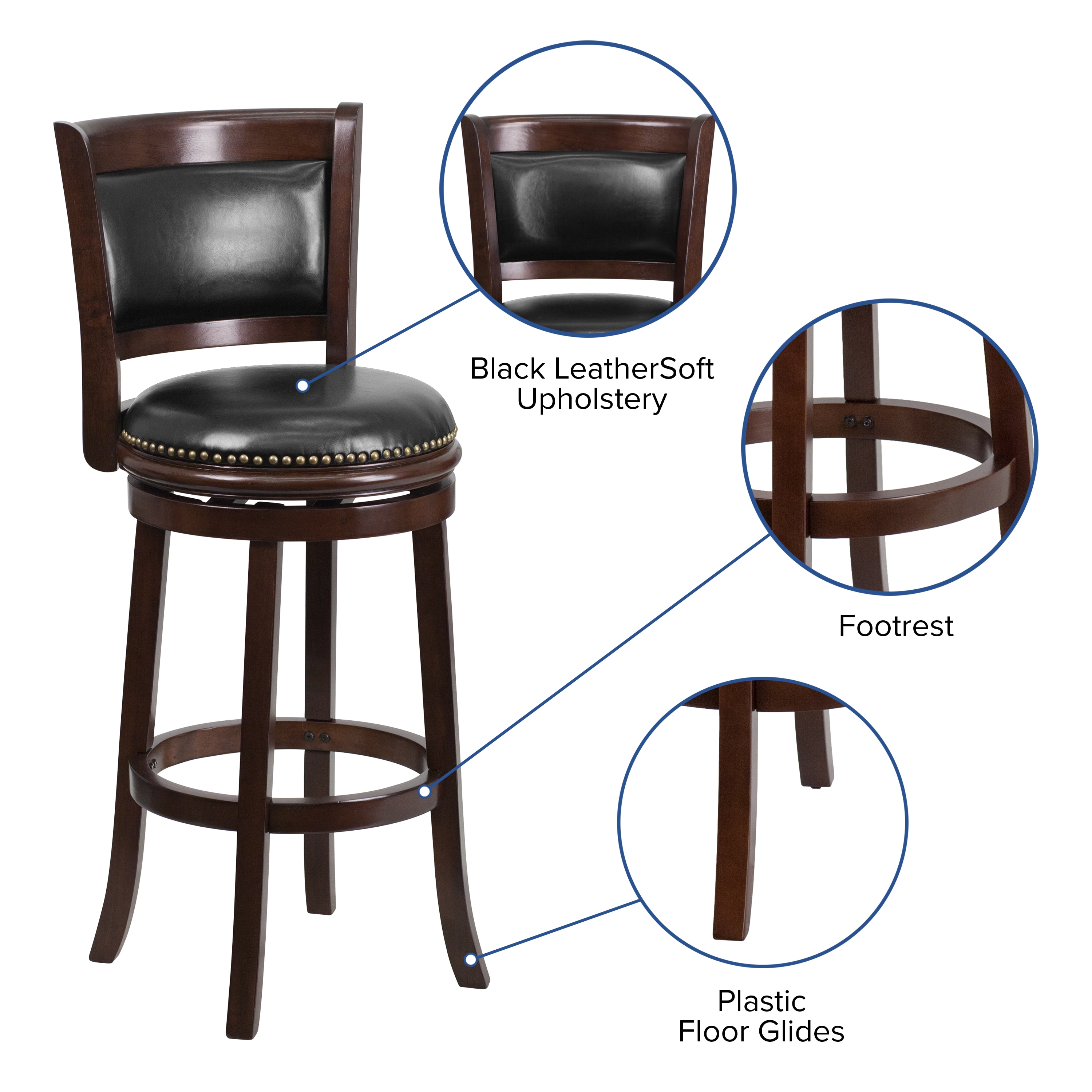 Elegant 43'' Black Leather and Cappuccino Wood Swivel Barstool