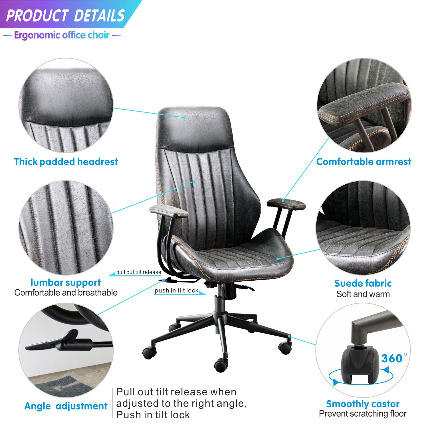 Ovios Krellack Dark Gray Contemporary Ergonomic Adjustable Height Swivel  Faux Leather Desk Chair in the Office Chairs department at 