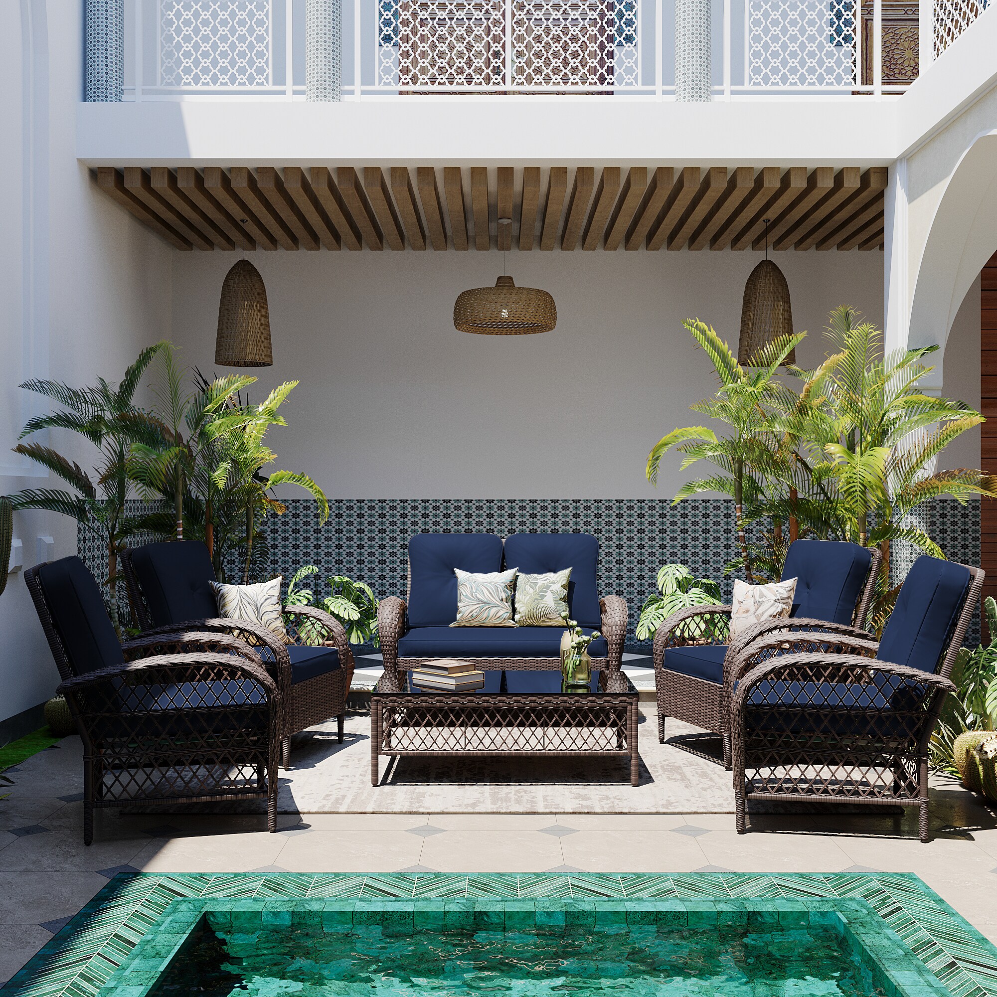Patio Watcher LH6-B-NABLUE 6-Piece Rattan Patio Conversation Set with Blue Cushions