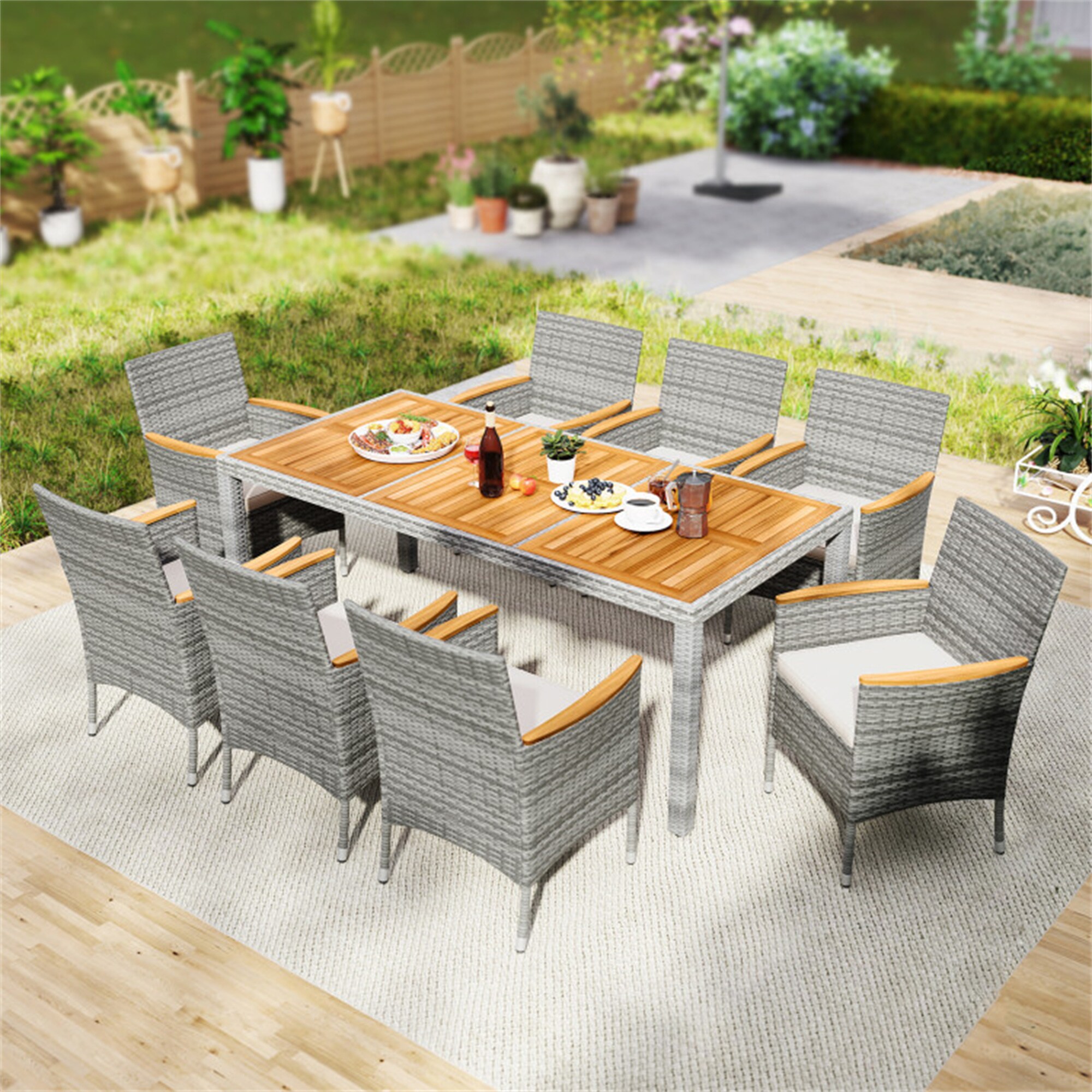 BABOOM BOM-0377AAE-OR Patio Furniture Set 9 -Piece Mix Gray Rattan Patio Dining Set Wood Rectangle Table with 8 Off-white Cushions Stationary Chairs