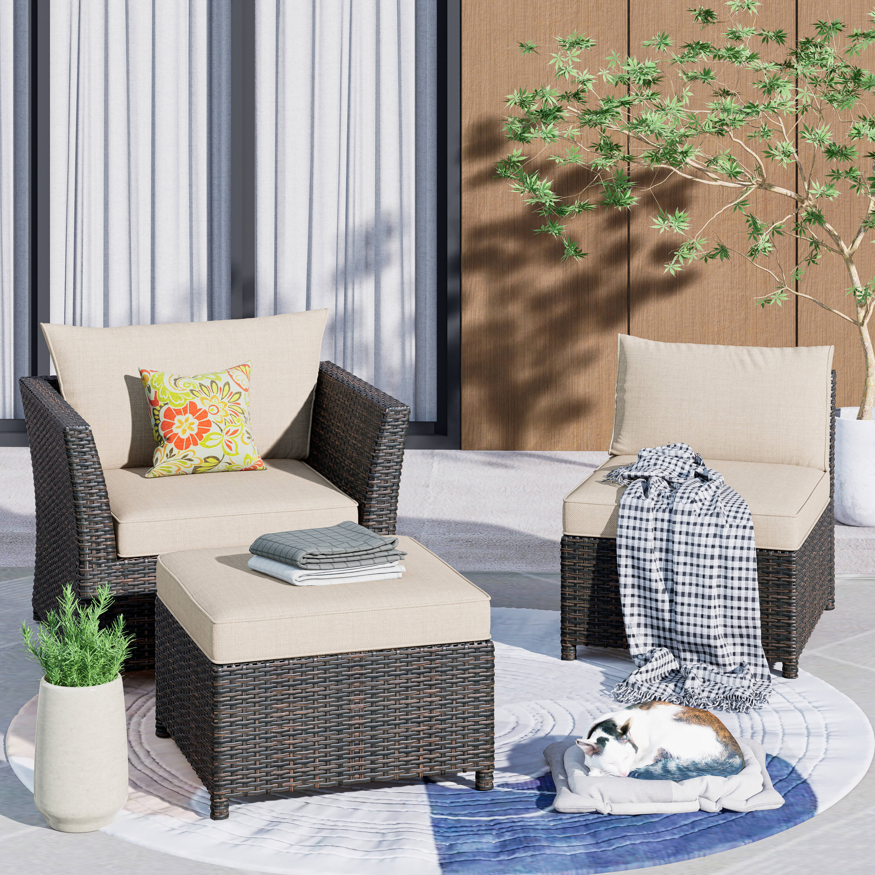 Pouuin SRSA602 Set of 2 Rattan Gray Rattan Frame Stationary Conversation Chair with Off-white Woven Seat