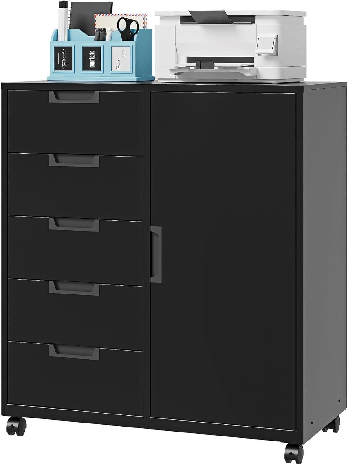 Letaya B0DF6ZTH2V 5 Drawer Storage Cabinet Mobile Printer Stand for Home Office Dresser Chest with Shelves and Door Black