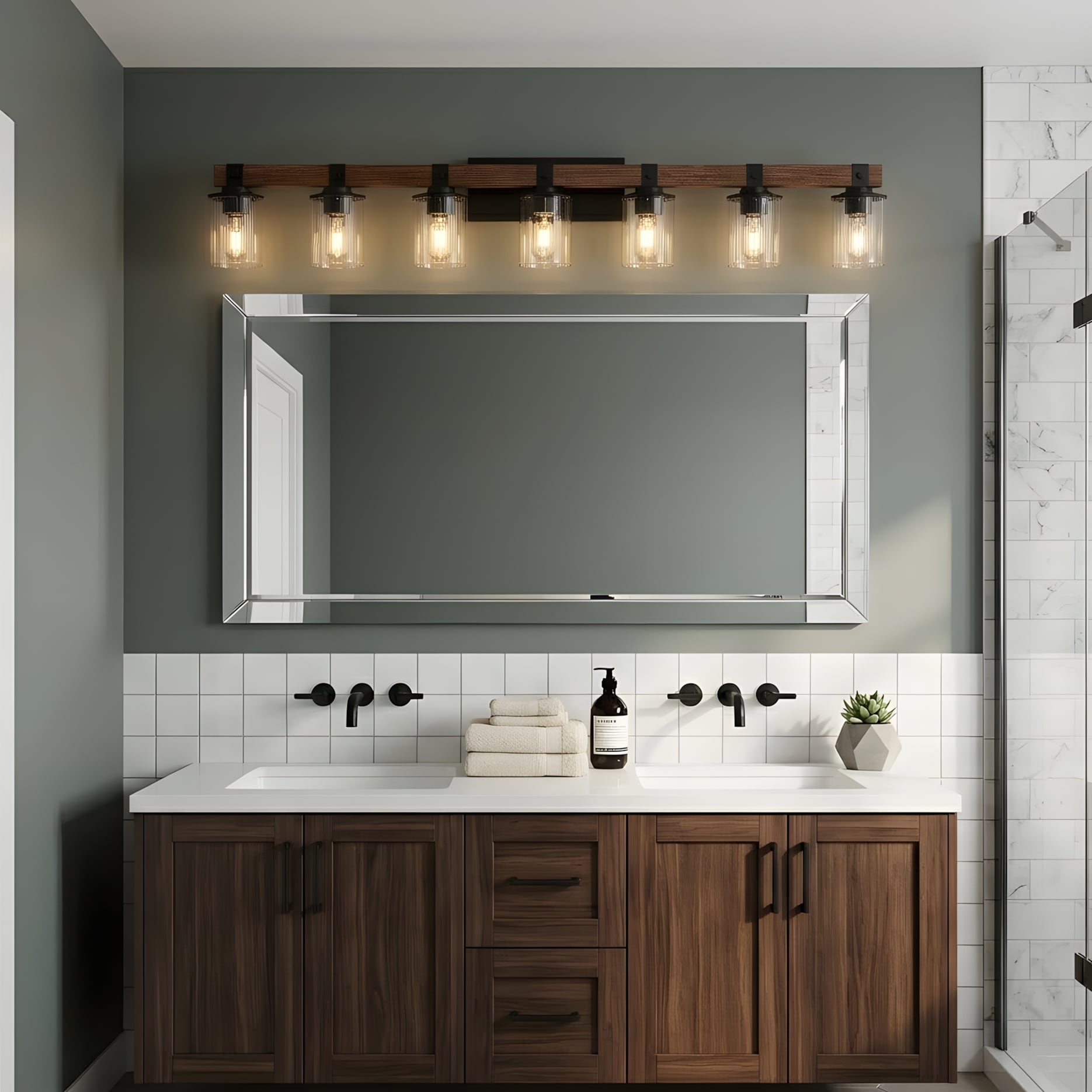 RCCFBHM 50-in Transitional Farmhouse-Style 7-Light Solid Wood and Black Metal Bathroom Vanity Light