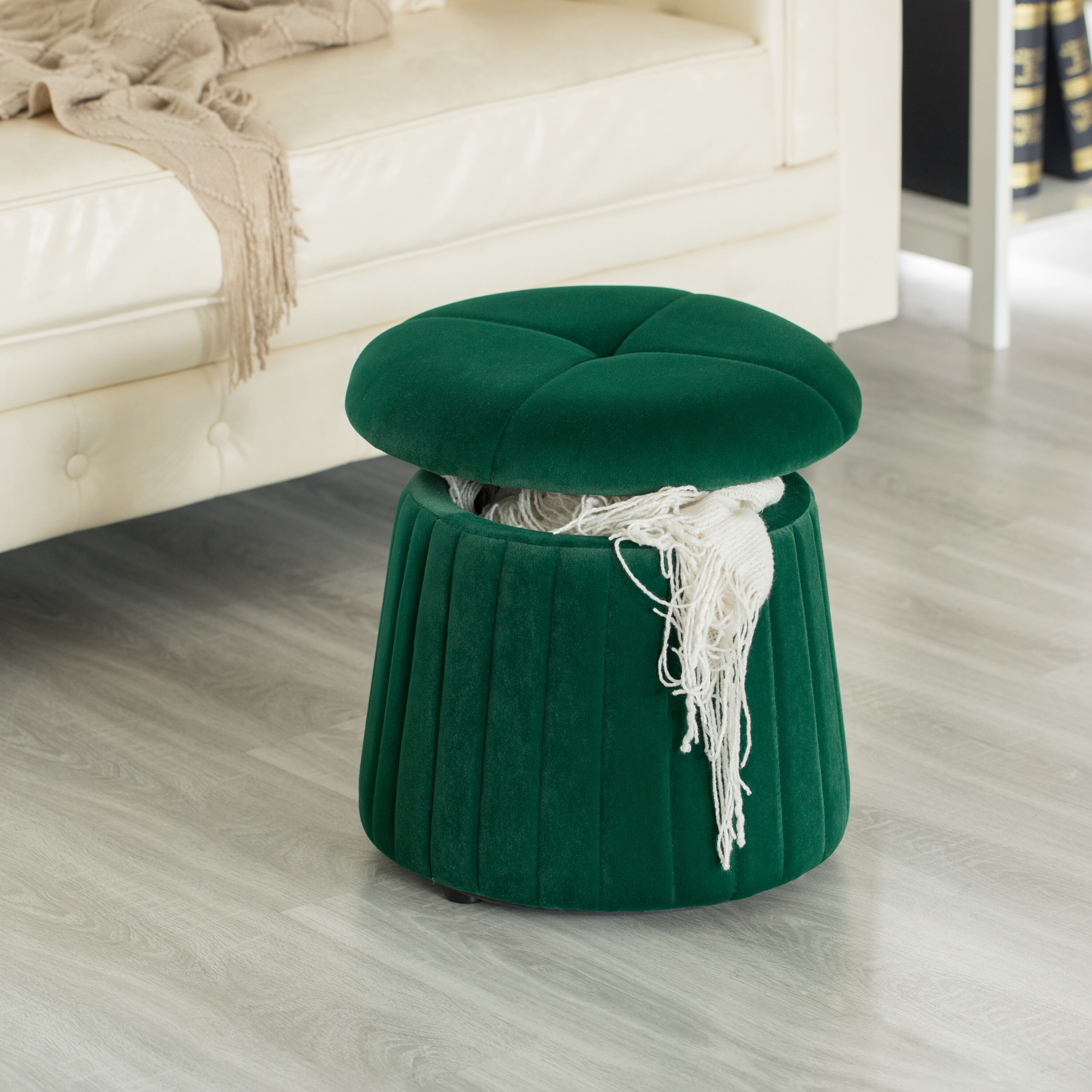 Modern Green Velvet Tufted Round Footstool with Storage