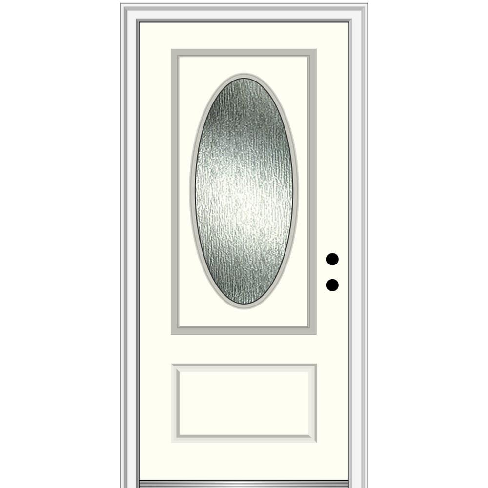 MMI DOOR ZZ367890L Rainglass 36-in x 80-in Fiberglass Oval Lite Left-Hand Inswing Alabaster Painted Prehung Front Door with Brickmould Solid Core