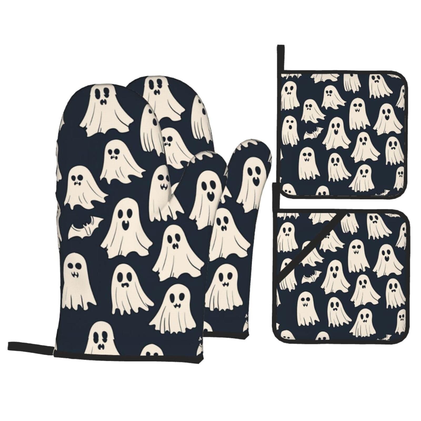 JVFCXXV  Halloween Oven Mitts and Pot Holders 4 pcs Set Heat Resistant Kitchen Gloves and Potholders for Cooking Baking Grilling with Hanging