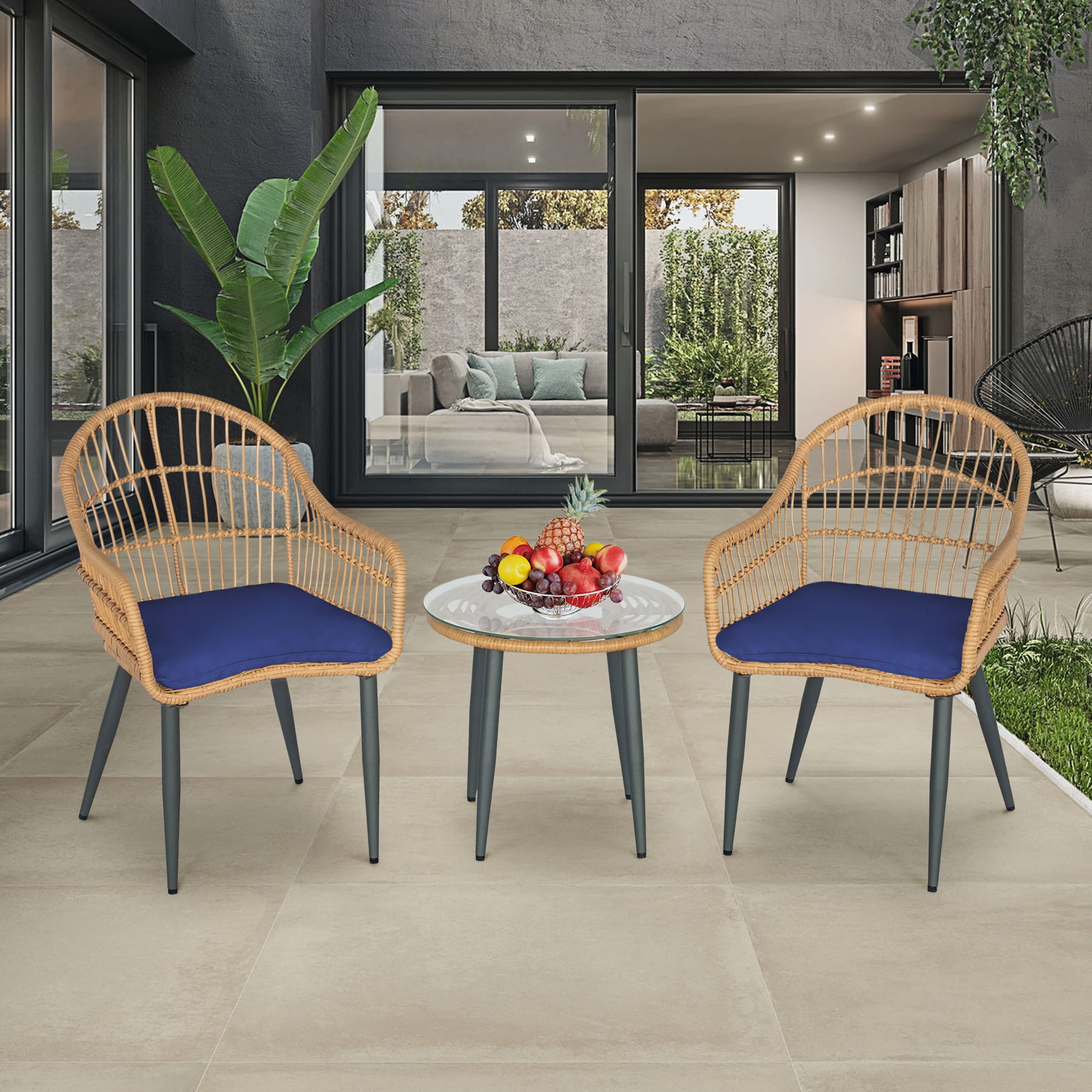Grearden ZHSFV004-BL 3 -Piece Wicker Patio Conversation Set with Blue Cushions